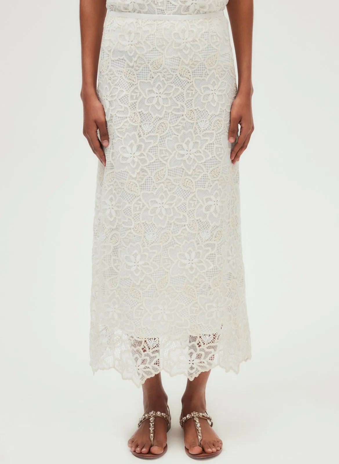 Jupe longue en dentelle Beige VALENE