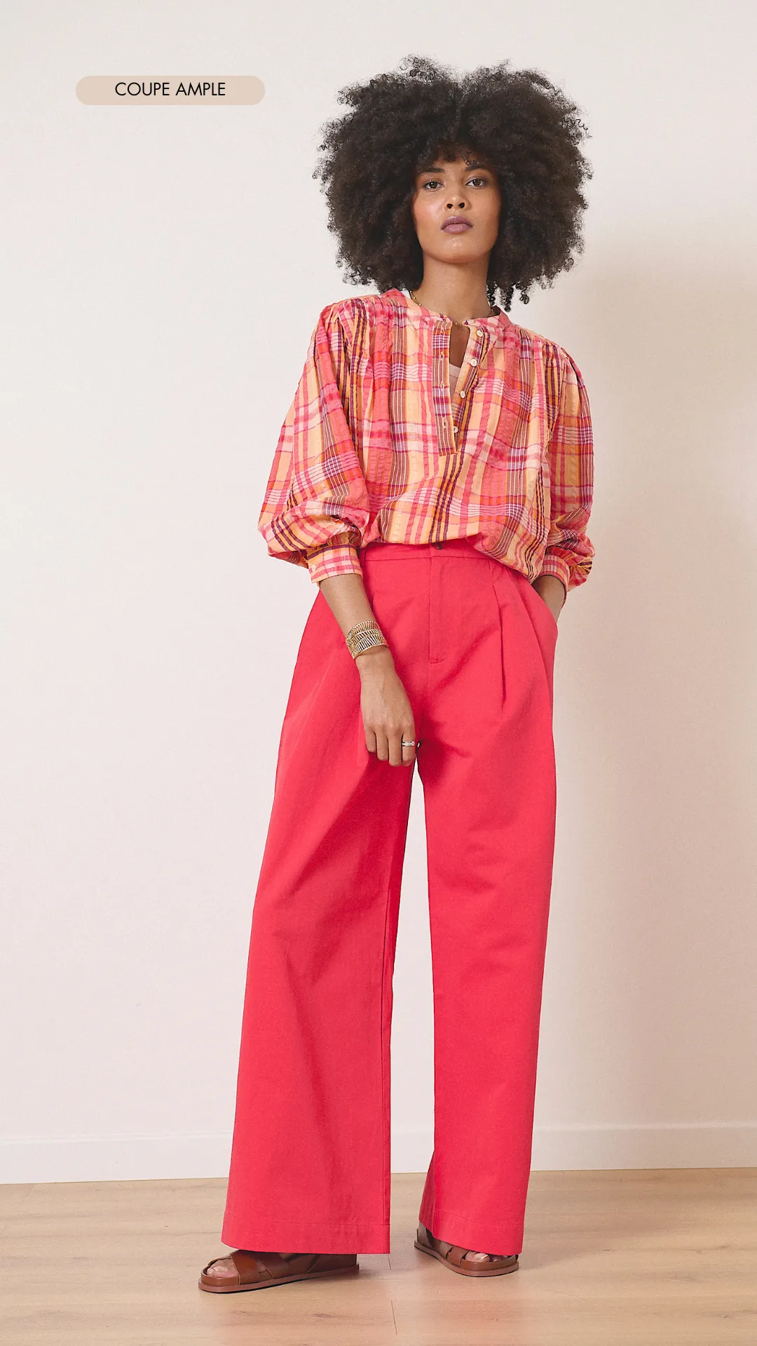 Blouse col v à carreaux Orange VERMEIL