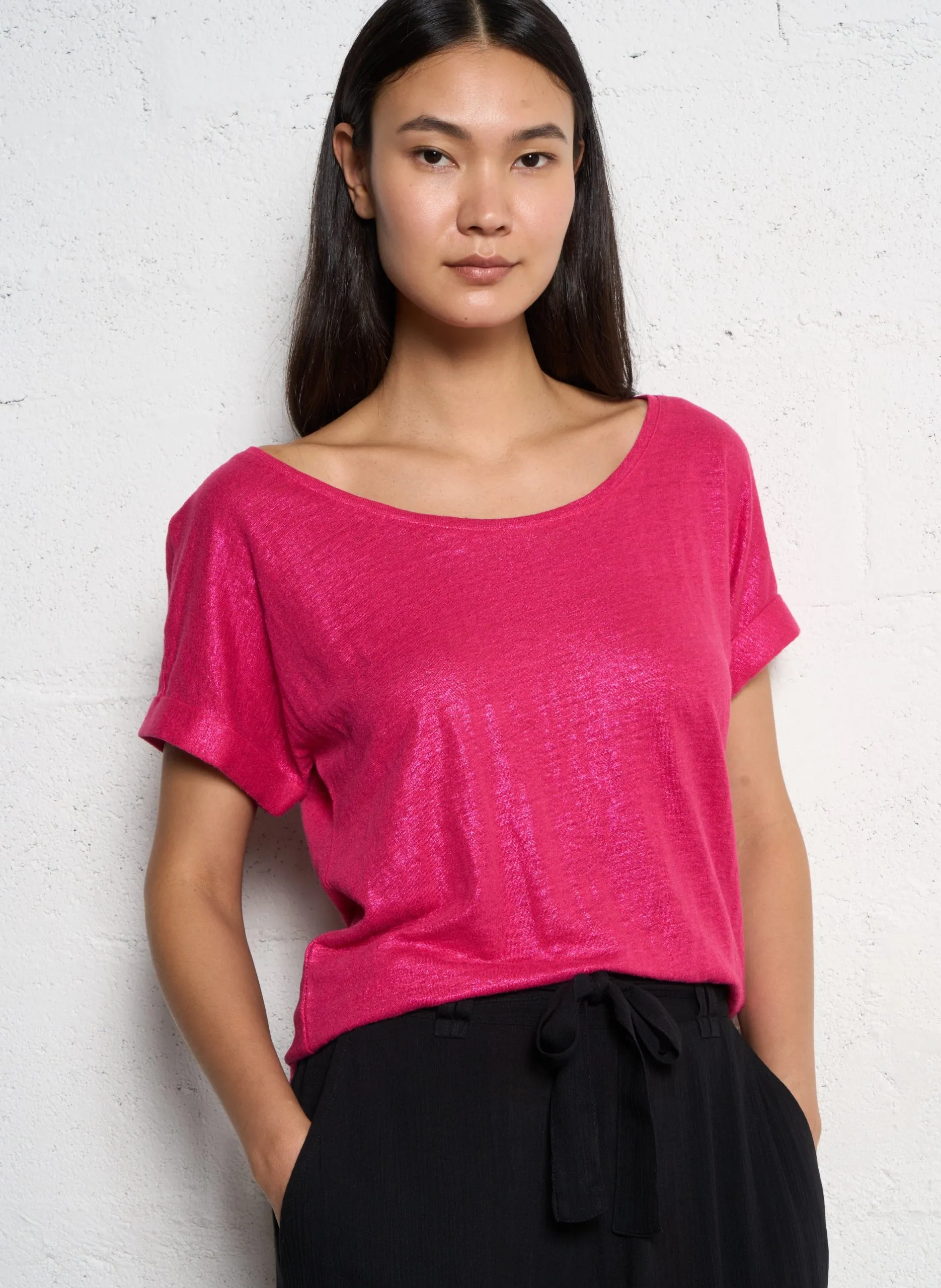 Tee-shirt col rond métallisé en lin Rose ANGELA