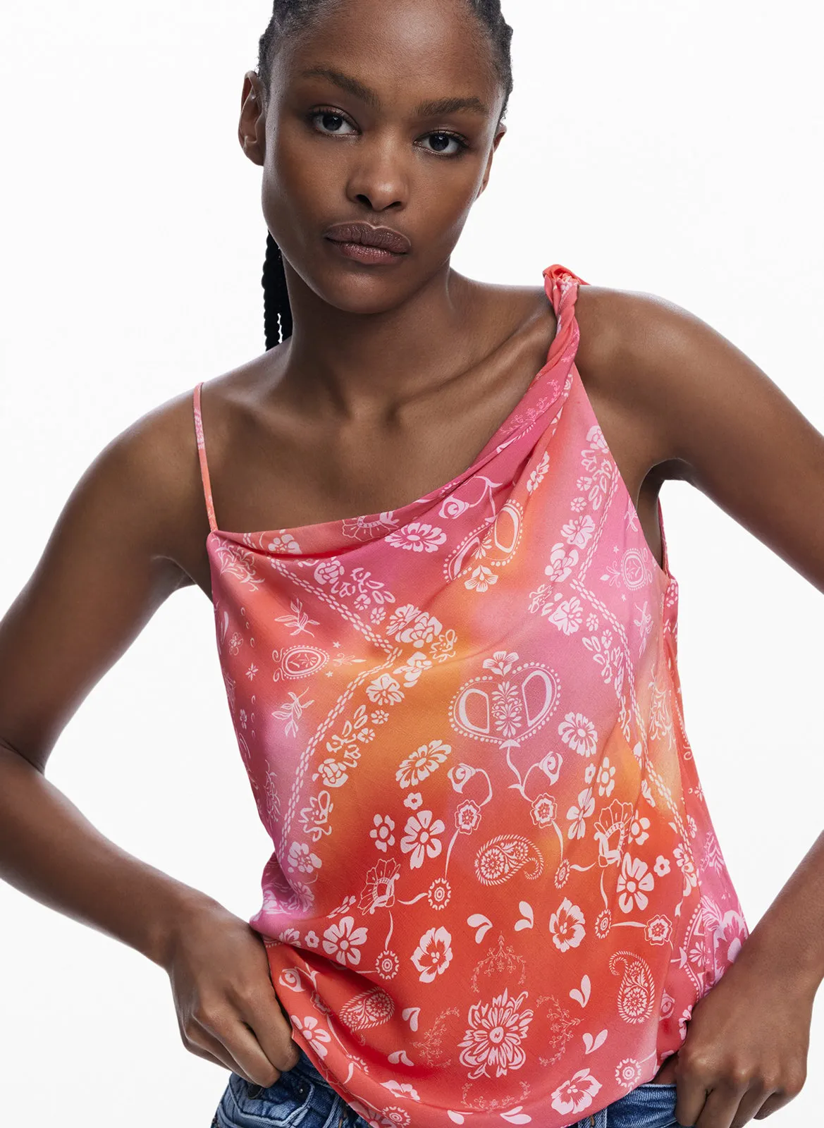 Top col carré imprimé Rouge