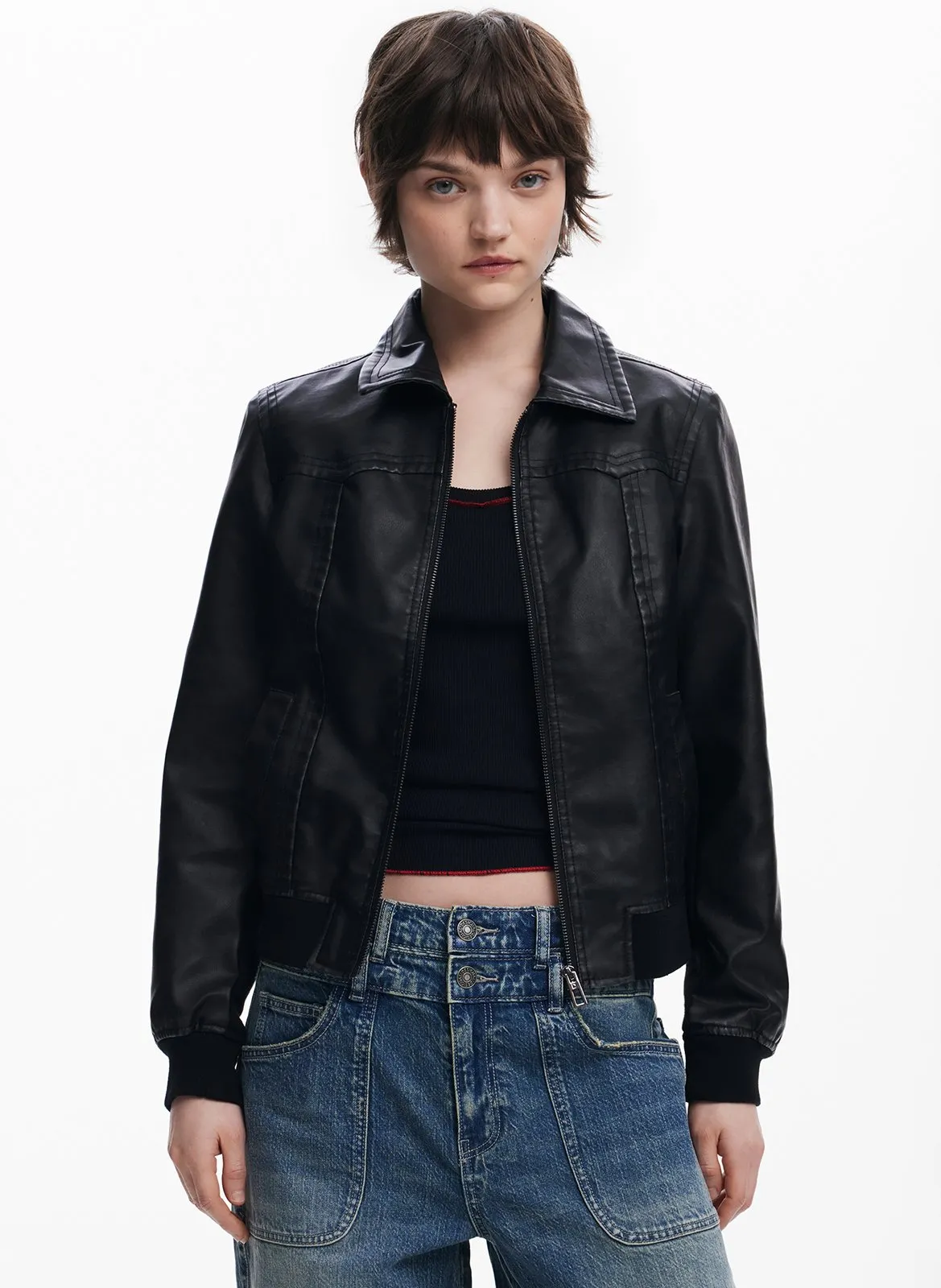 Blouson droit effet cuir Noir