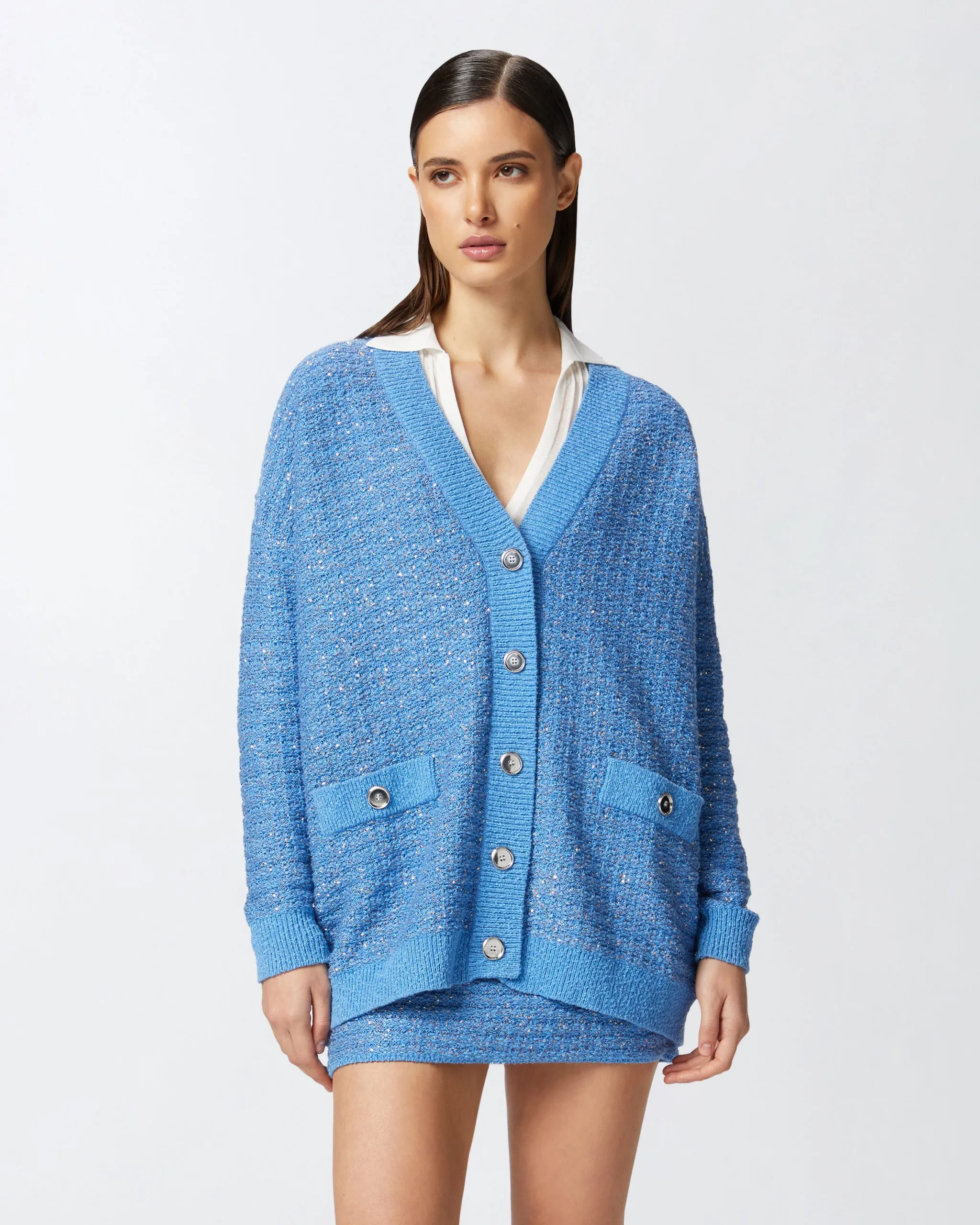 Cardigan en natté métallisé à paillettes Bleu