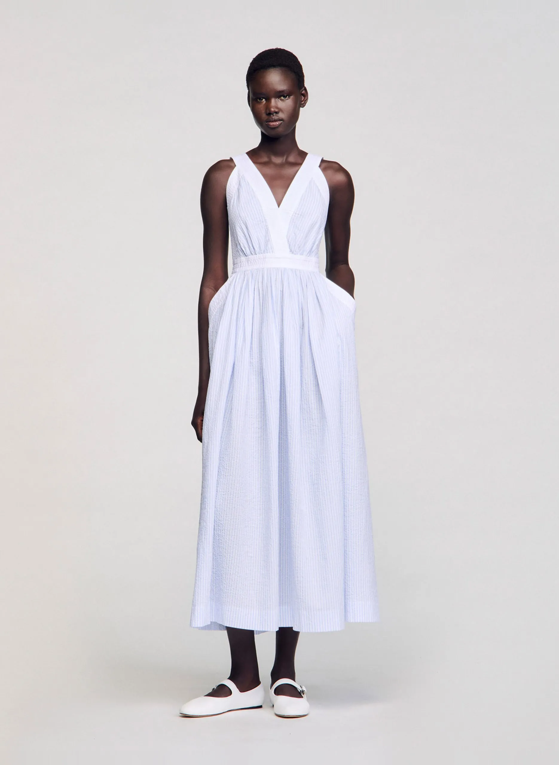 Robe longue cintrée en coton mélangé Bleu