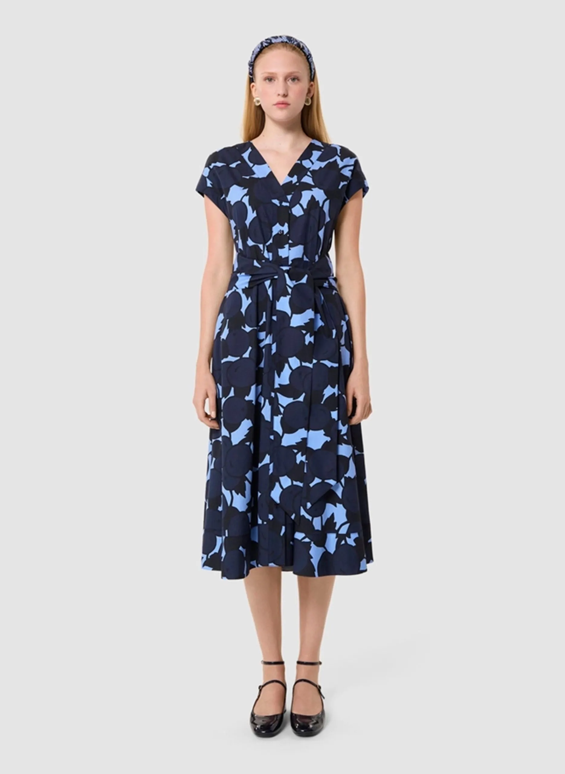 Robe midi col V en coton Bleu ROSIA