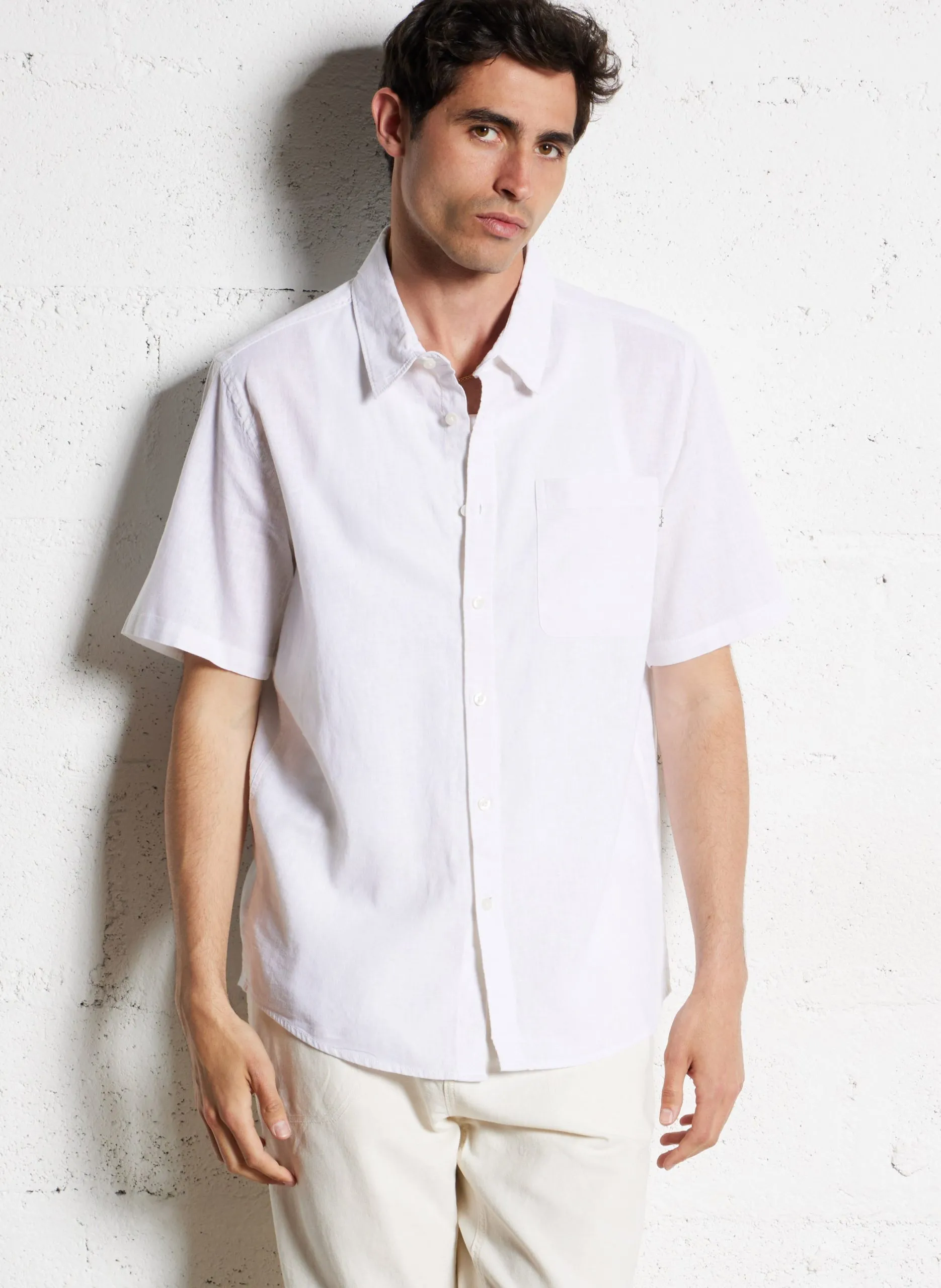 Chemise col classique en lin mélangé Blanc