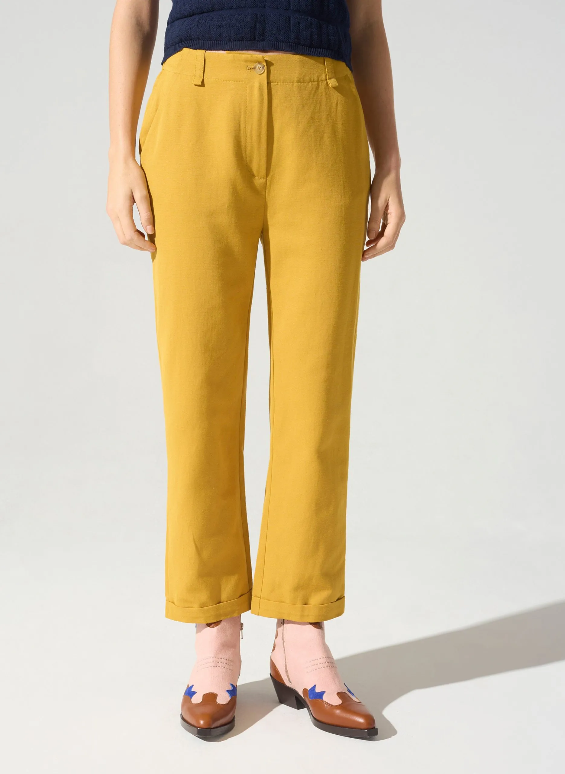 Pantalon droit en coton mélangé Jaune