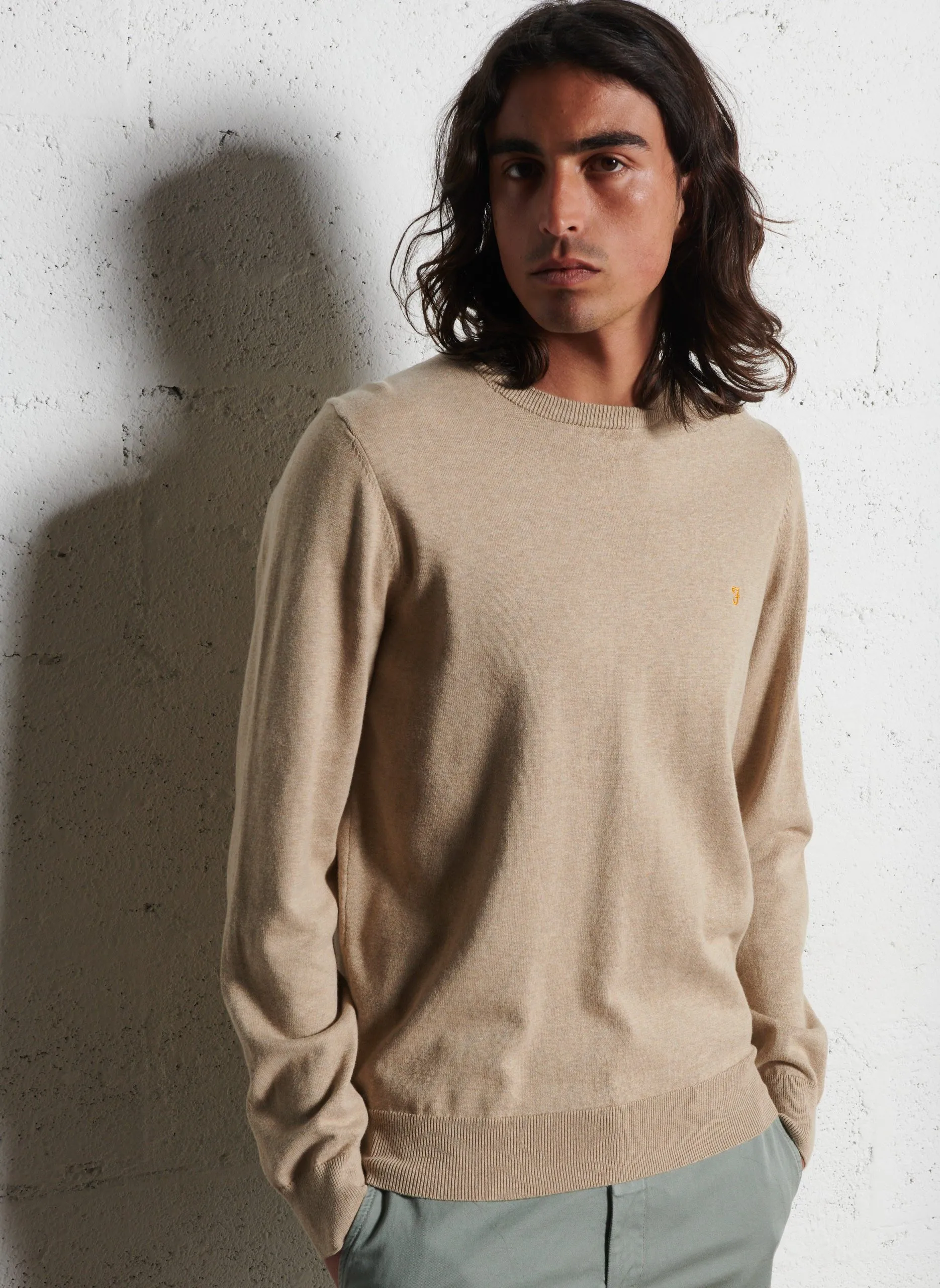 Pull droit col rond brodé en coton bio Beige MULLEN
