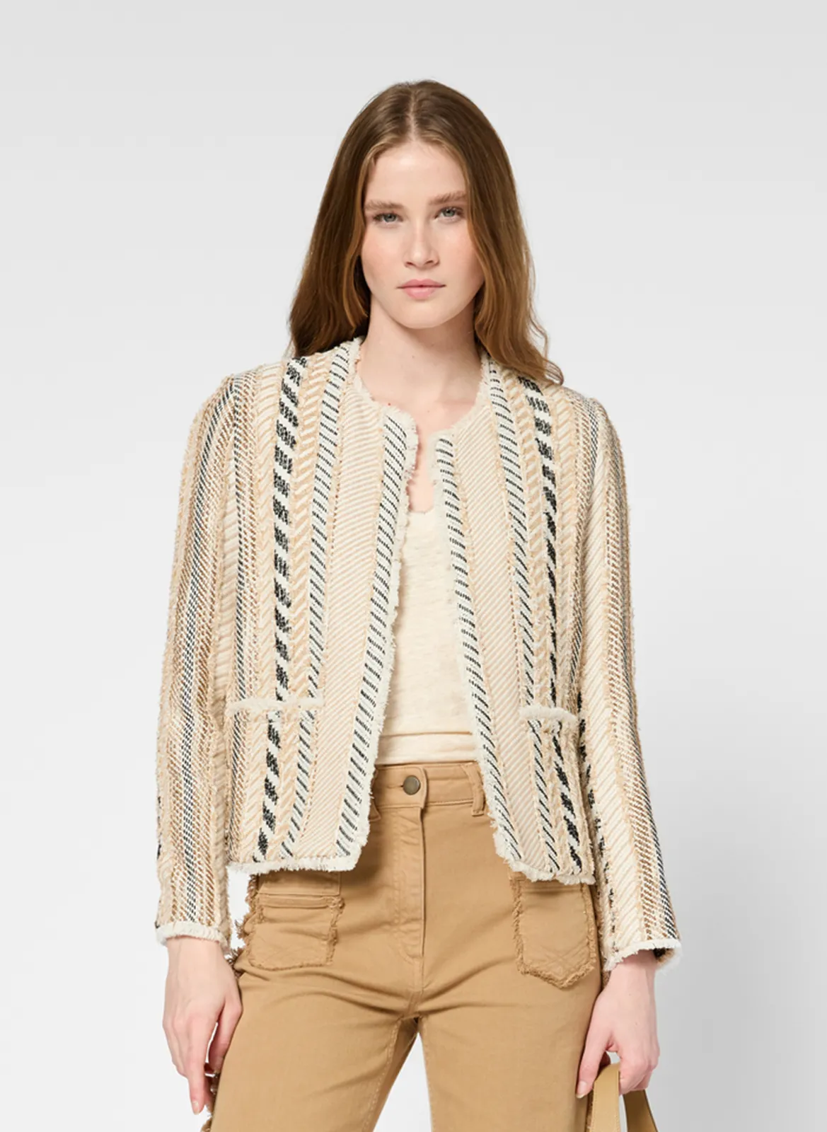 Veste col rond en coton mélangé Beige REMINA