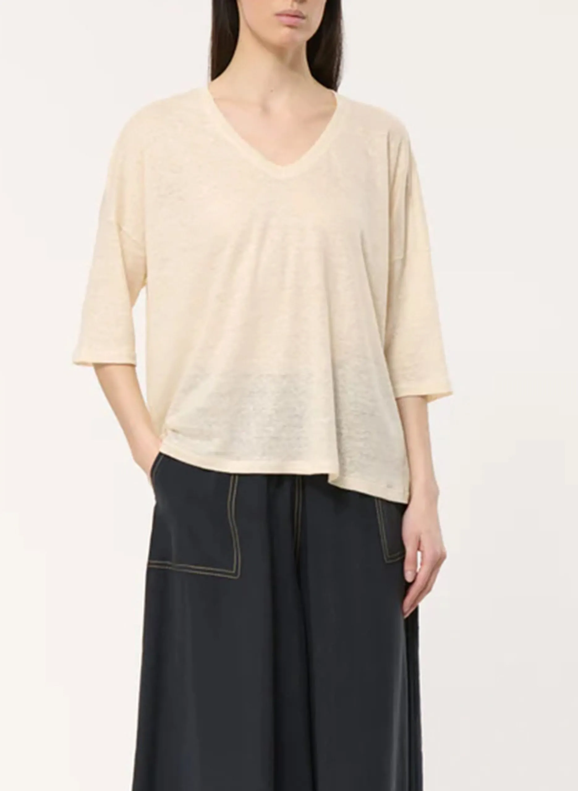 Tee-shirt col V en lin Blanc