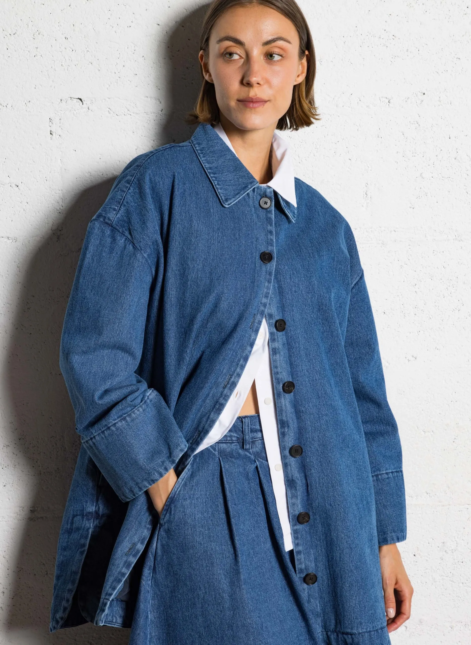 Veste col classique en denim de coton bio Bleu CHIRI
