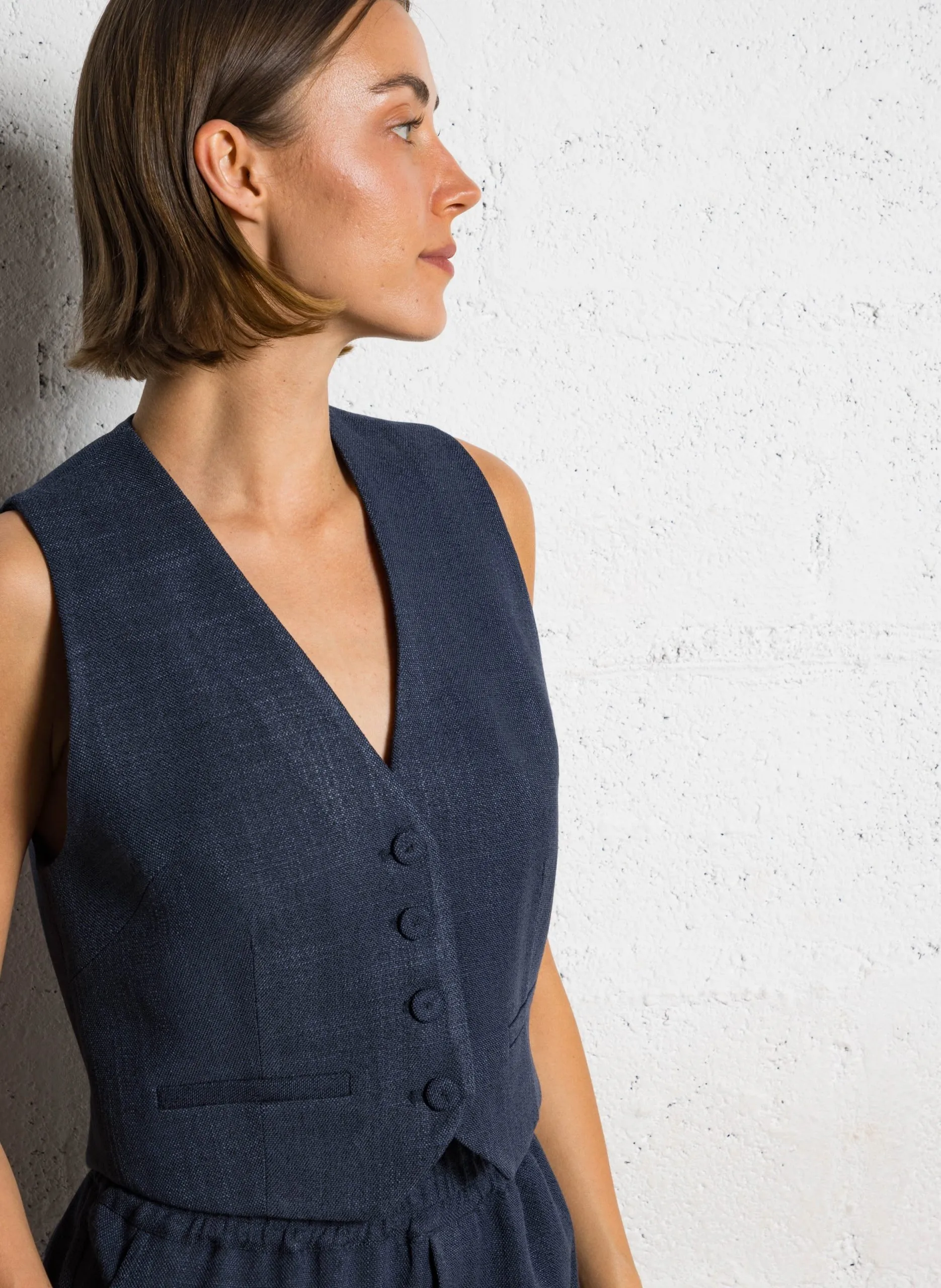 Gilet droit col V en laine vierge mélangée Bleu DEE