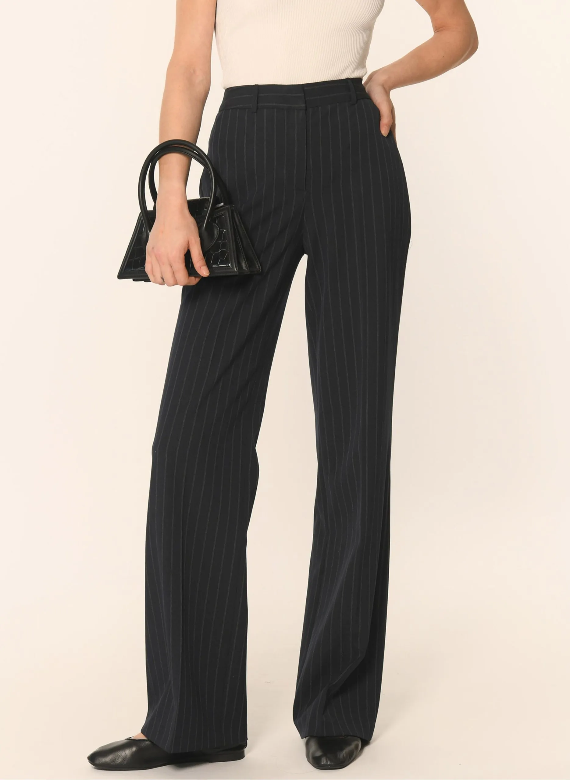 Pantalon droit à rayures fines Bleu AMY