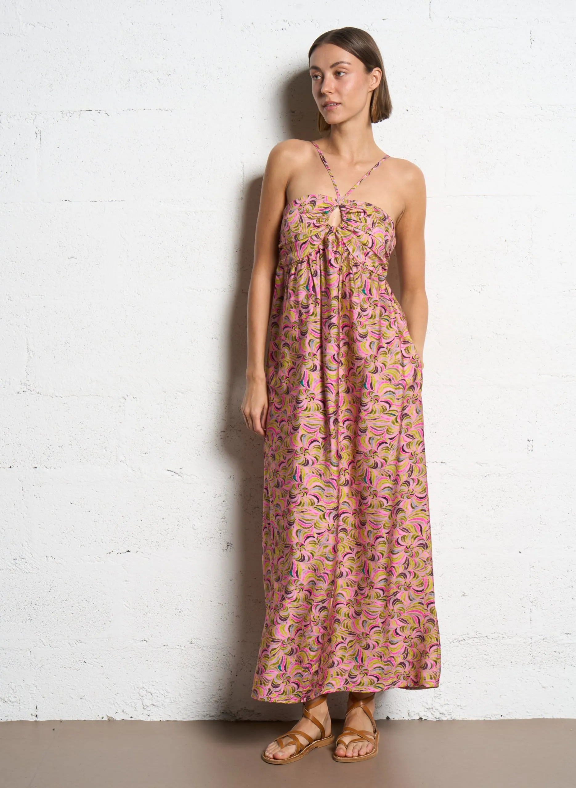 Robe longue imprimée à bretelles Rose