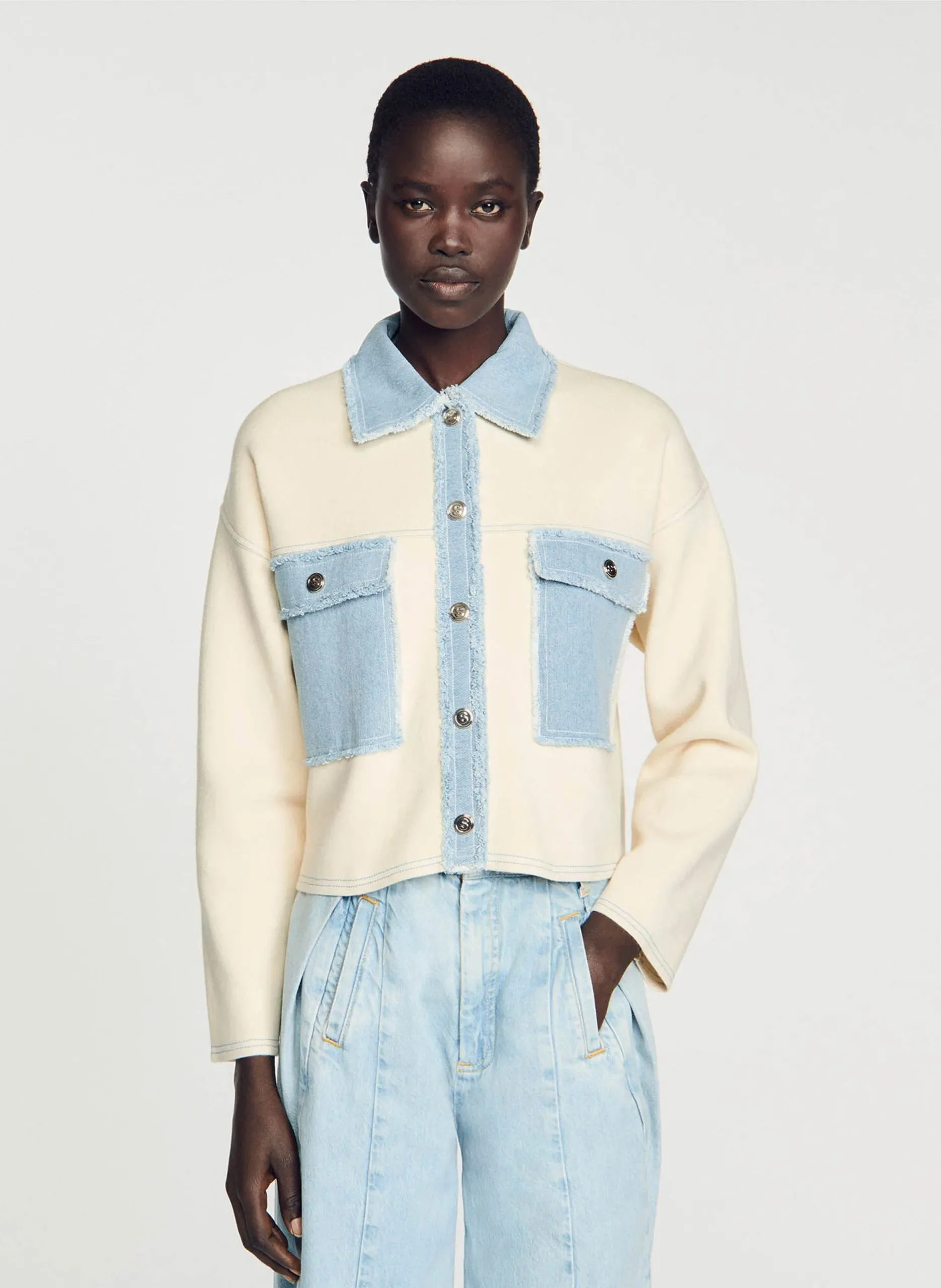 Cardigan oversize col classique bi matière Blanc