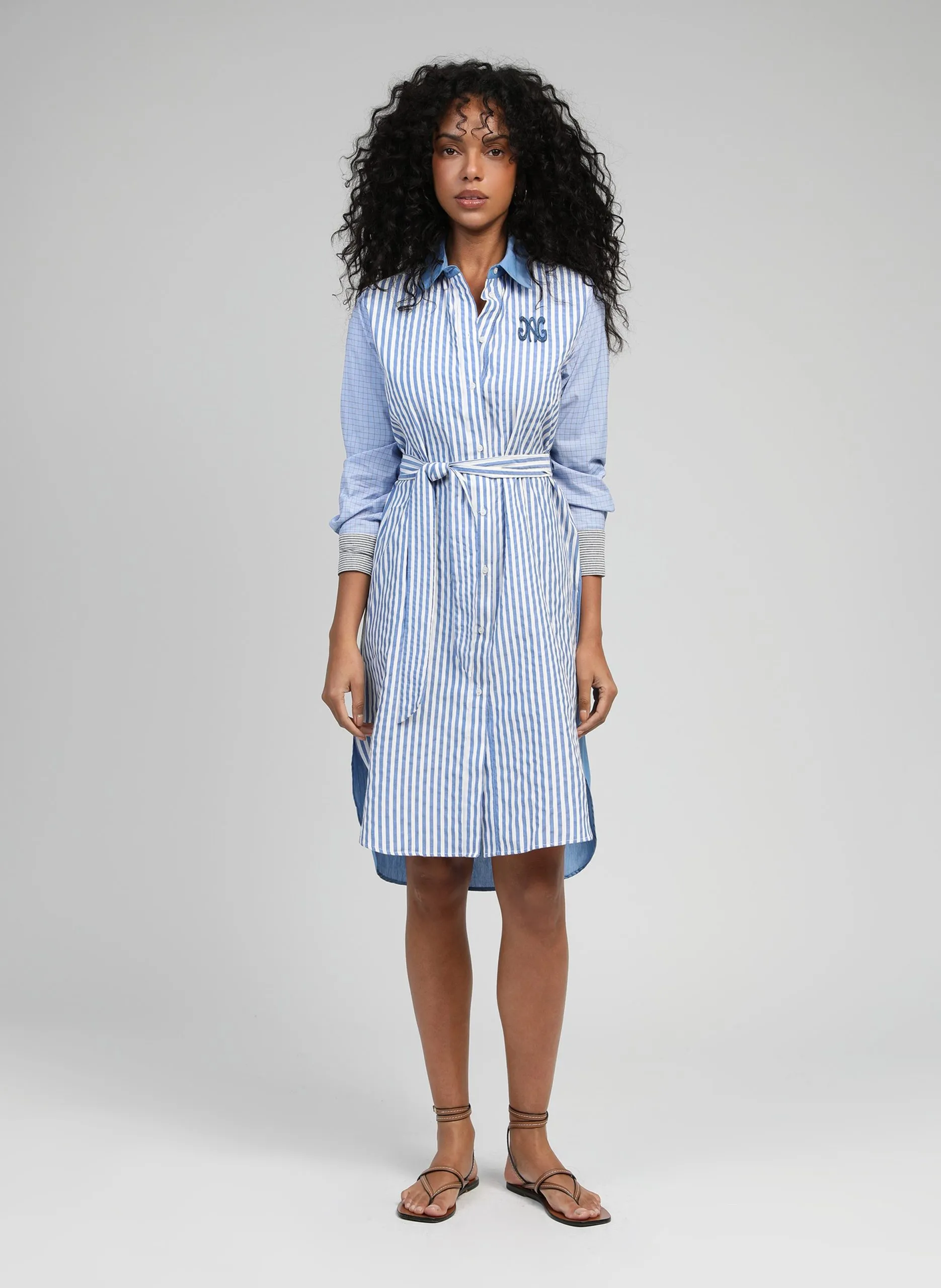 Robe chemise midi rayée à ceinture Bleu SISSINOU