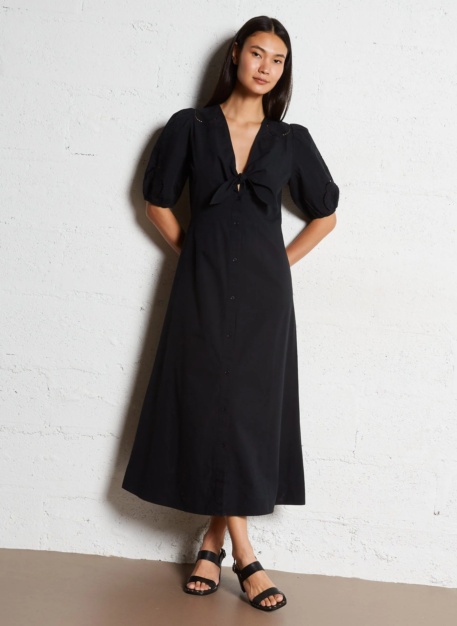 Robe longue évasée en coton Noir LAURENE