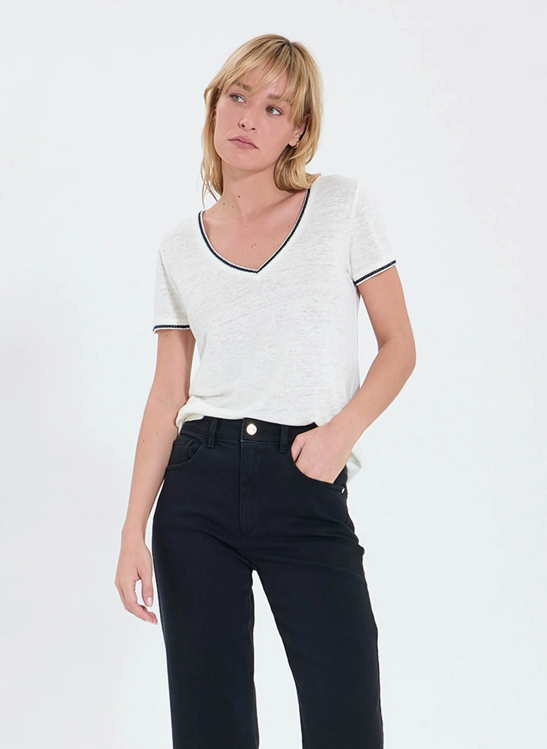 Top col V en lin Blanc TASMILA