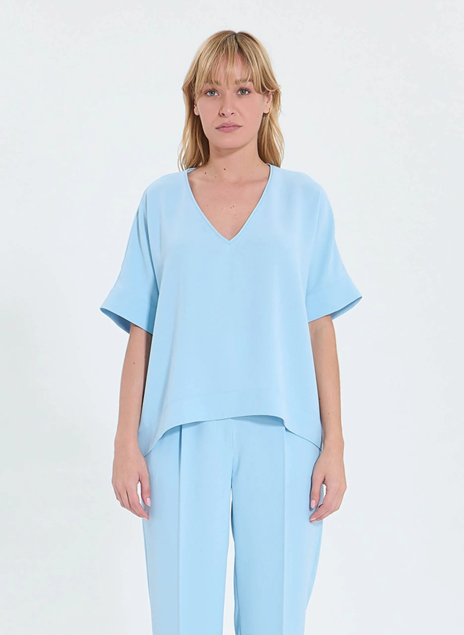 Tee-shirt col v uni Bleu TIMMA