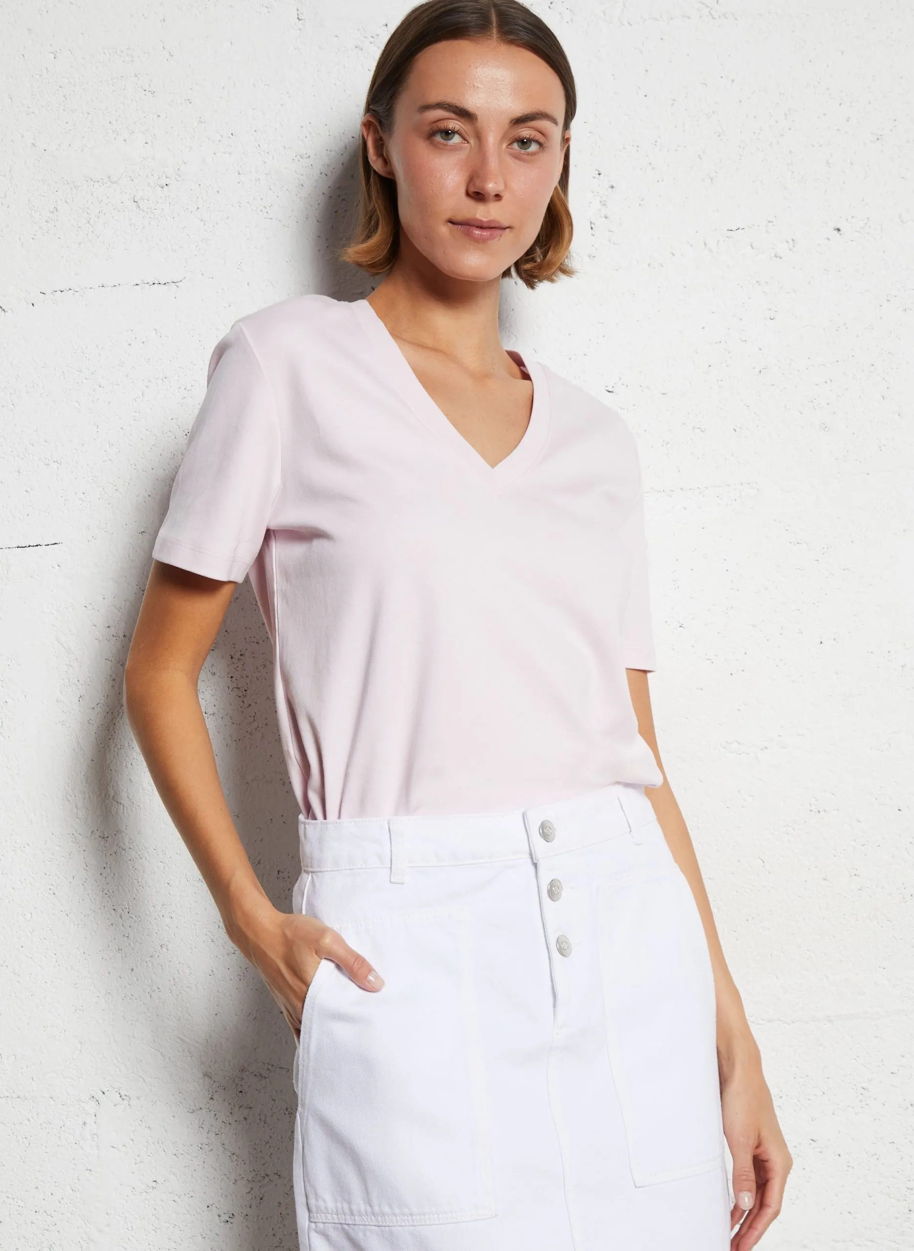 Tee-shirt droit col V en coton Rose DANA