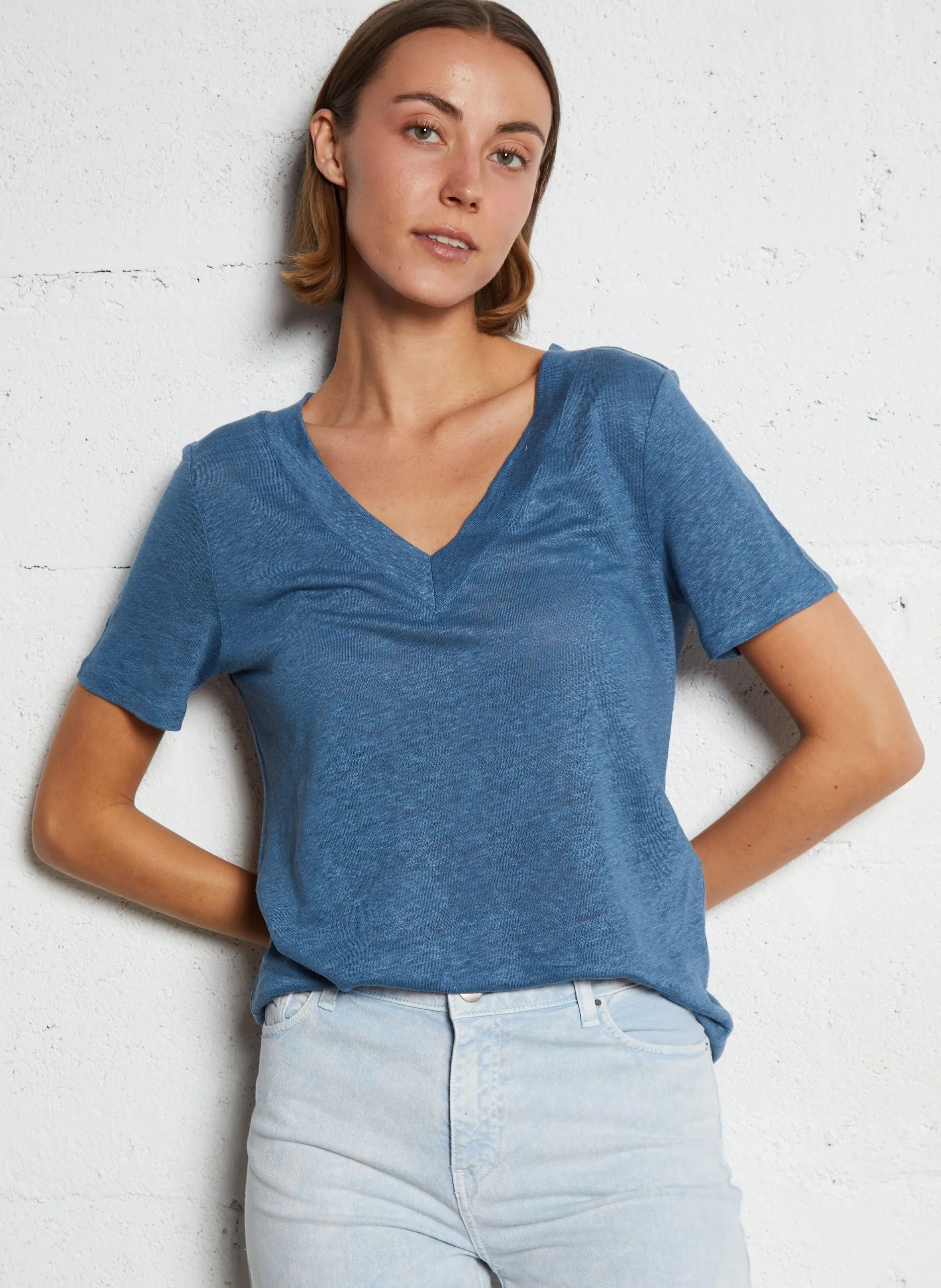 Tee-shirt col rond en lin Bleu ANDREW