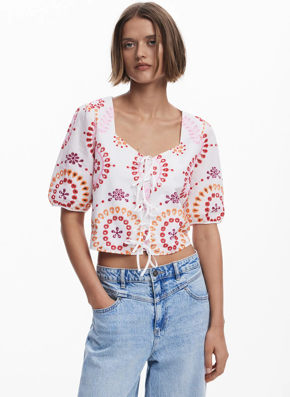 Blouse droite en coton brodé Multicolore