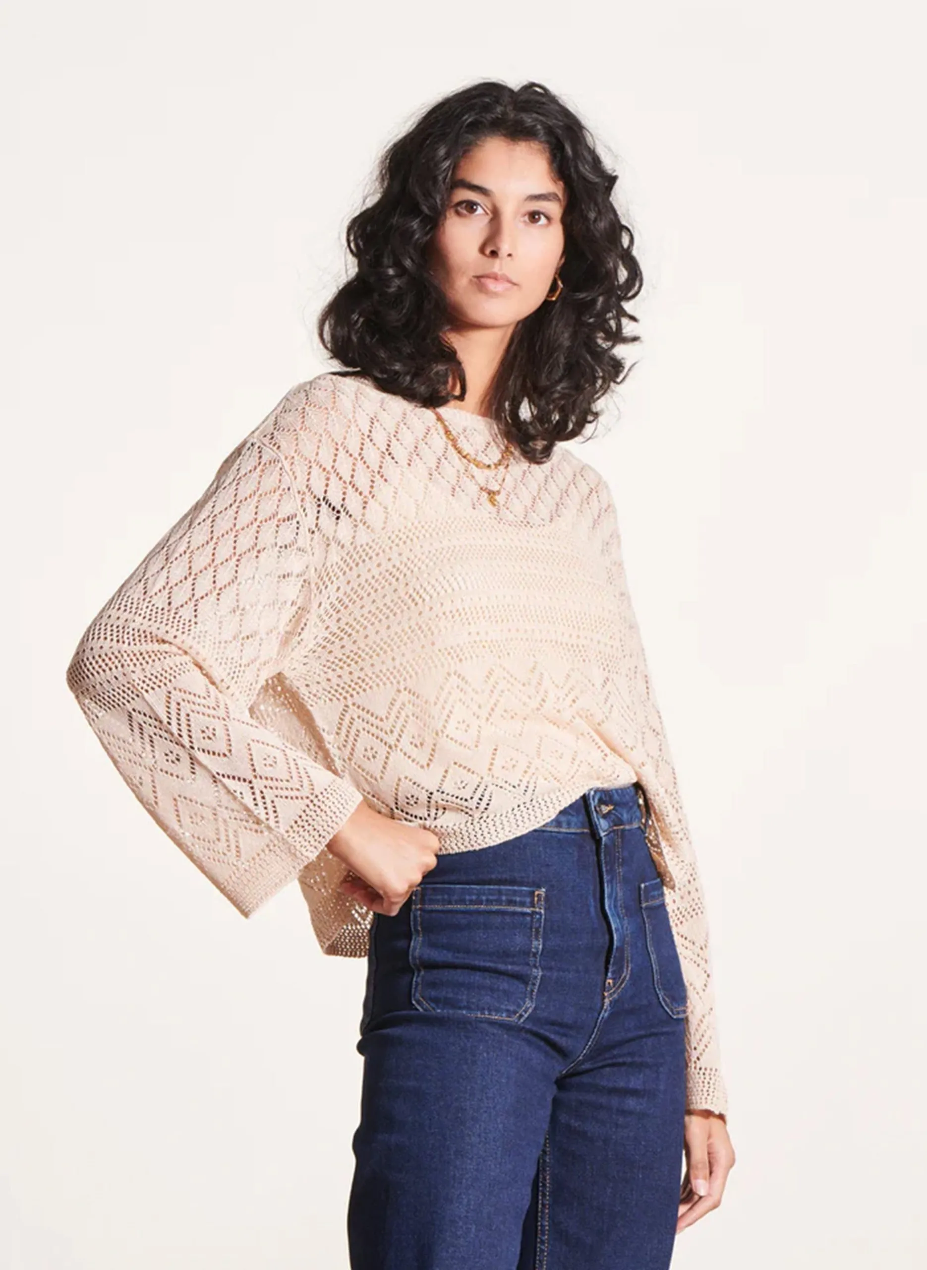 Pull court col bateau Beige