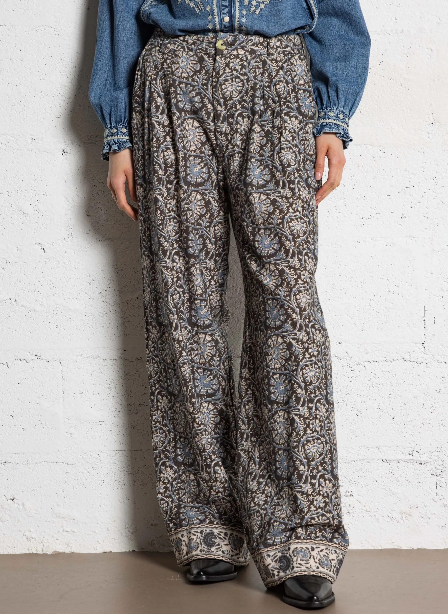 Pantalon large taille haute imprimé Bleu MADURAI PACO