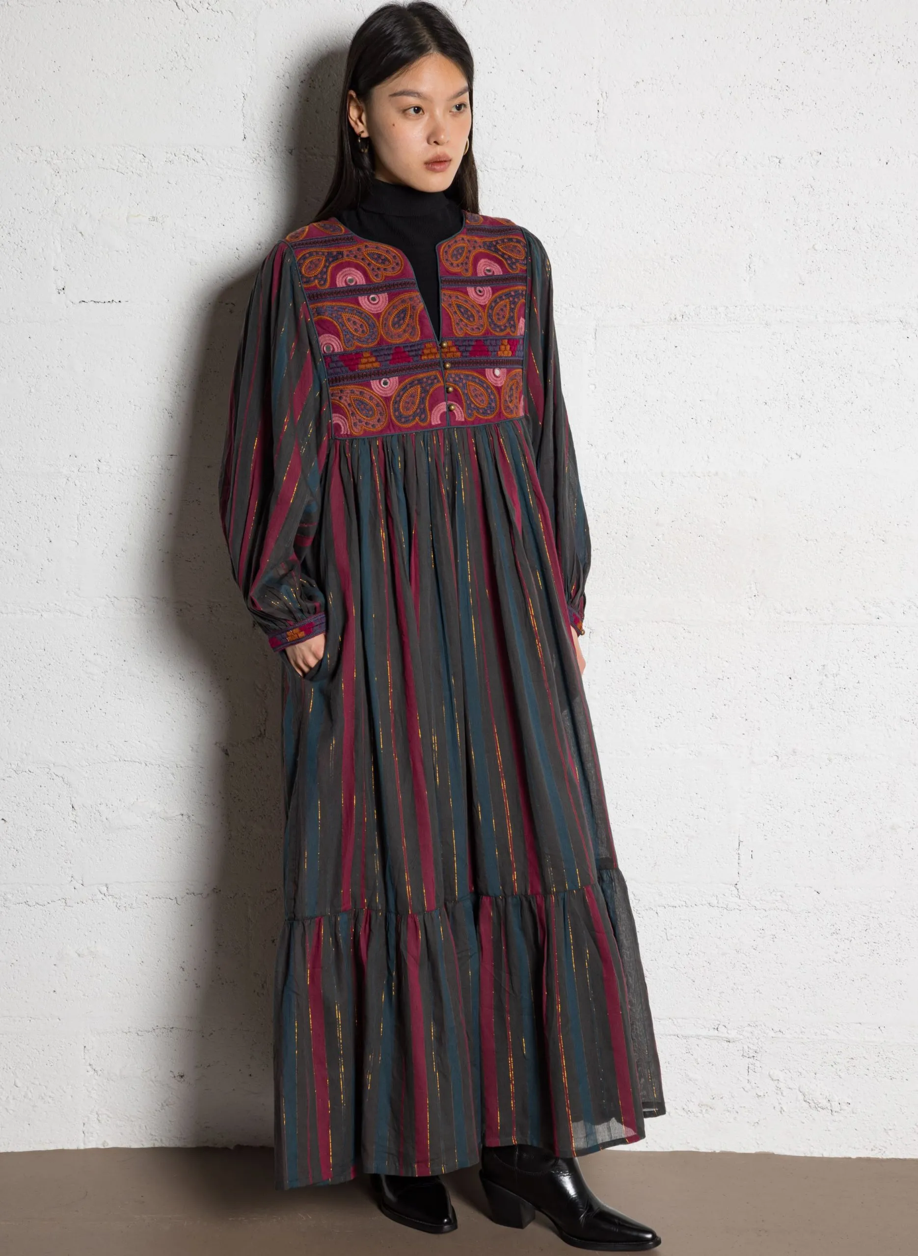 Robe longue col tunisien à rayures Rouge GYPSY SUN ISADORA