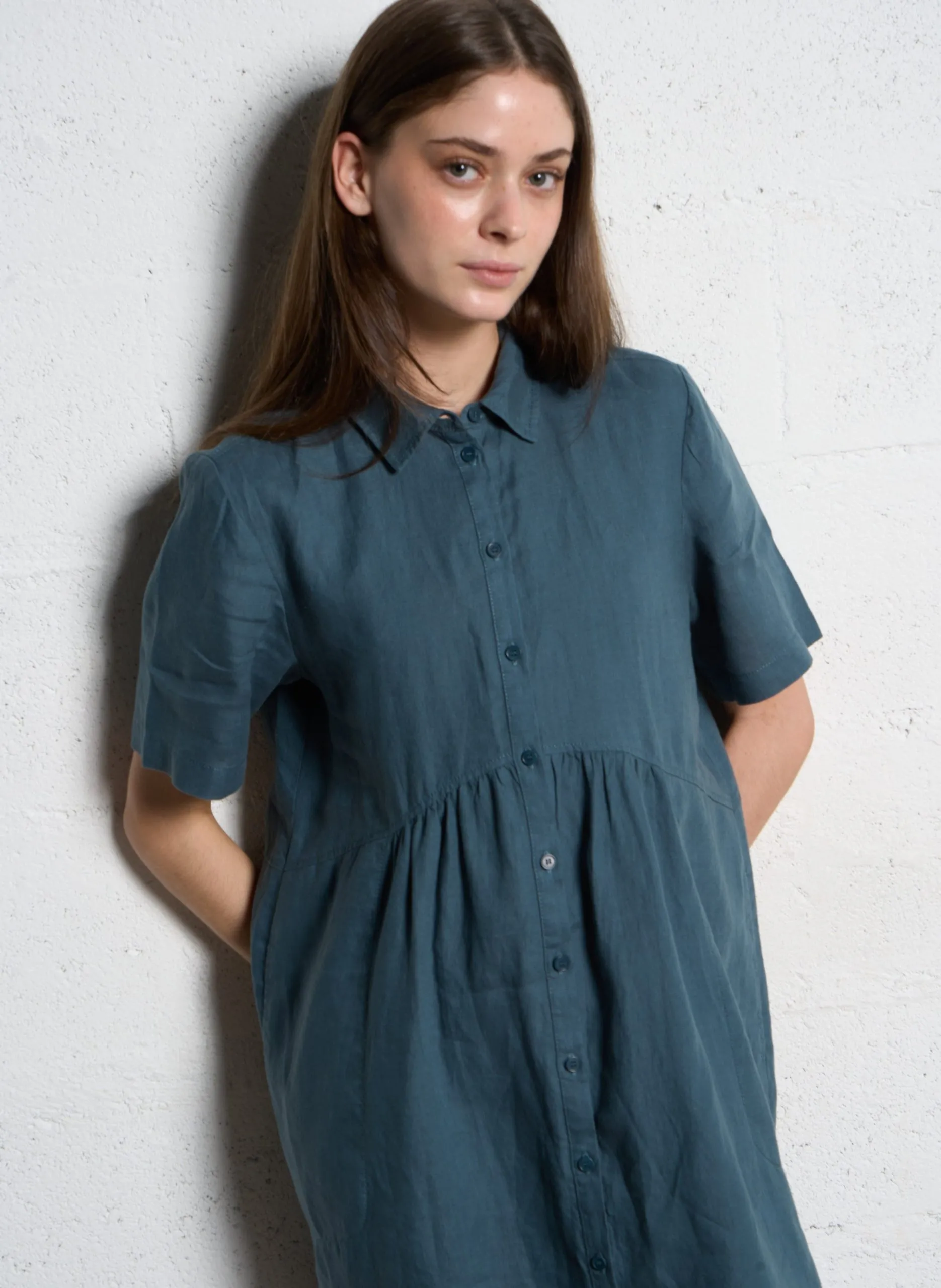 Robe midi col chemise en lin Bleu JAYA