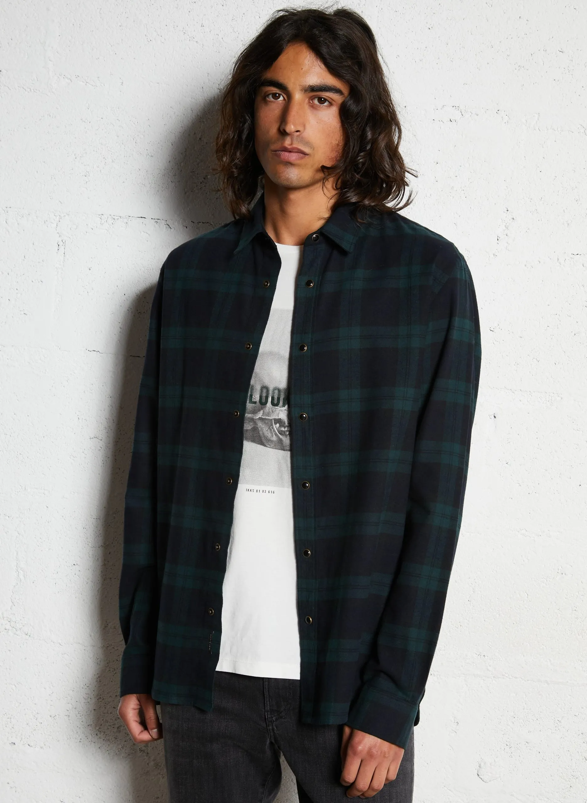 Chemise droite en coton à carreaux Vert