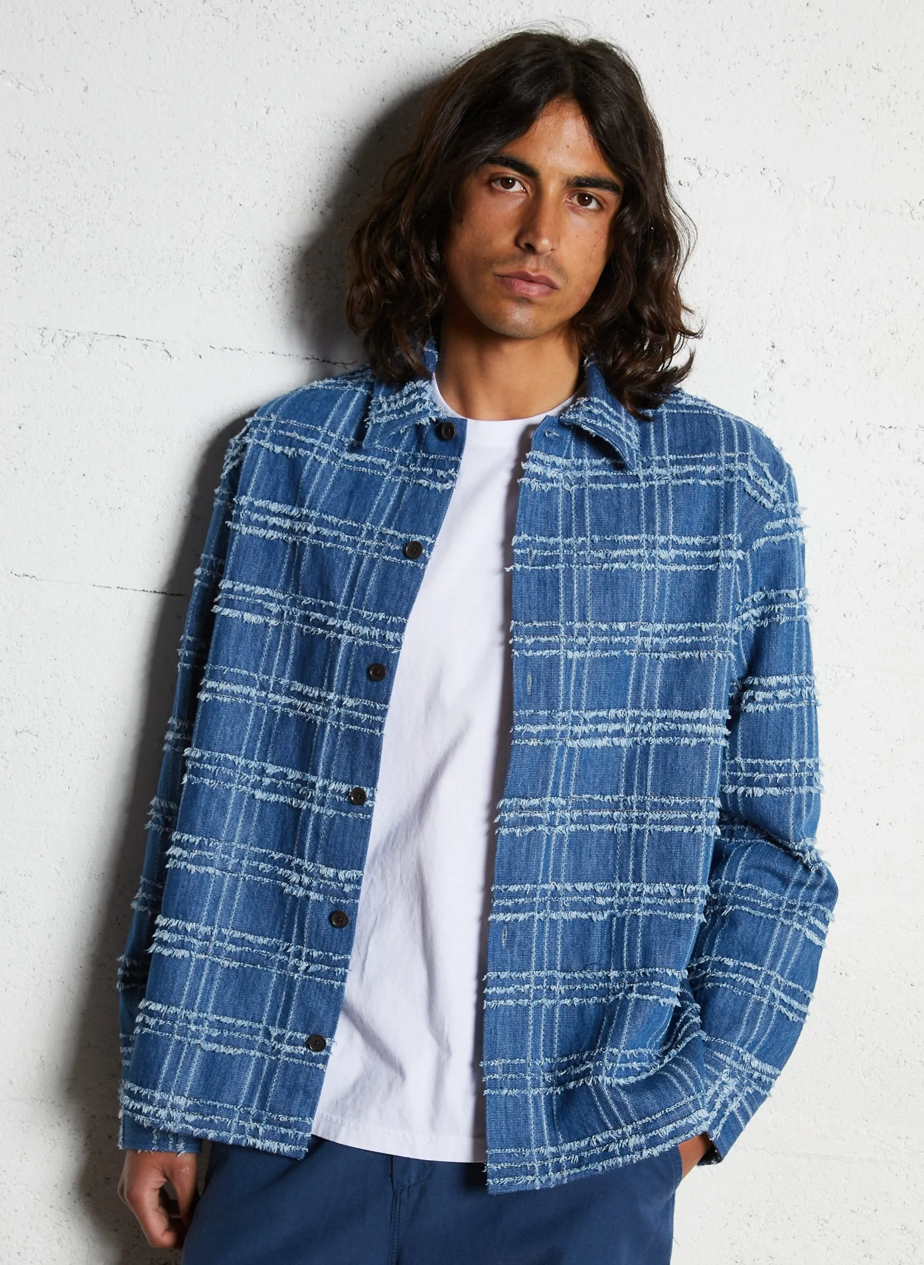 Veste col chemise à carreaux en jean Bleu CASTOR