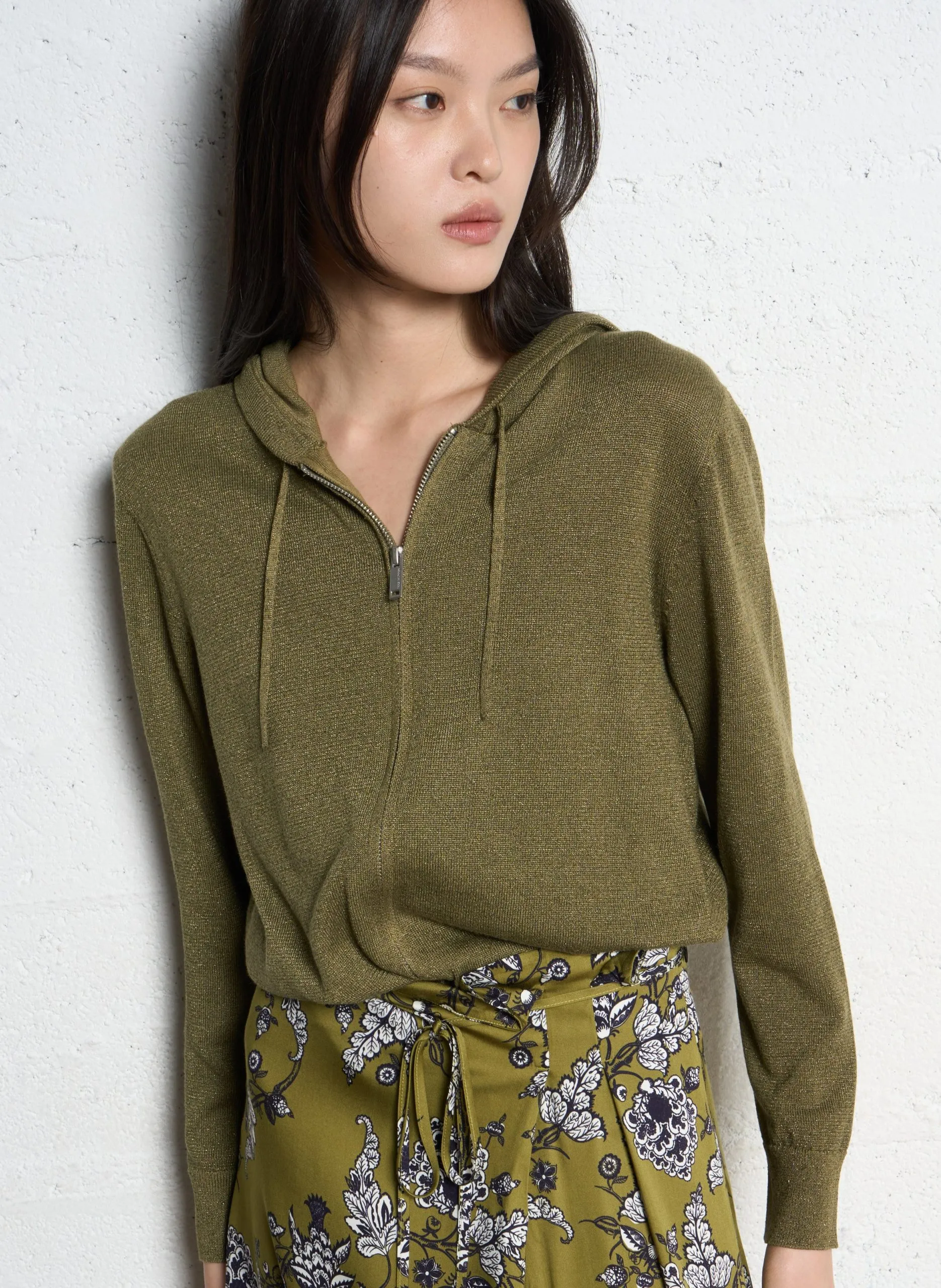 Gilet zippé à capuche en maille Kaki