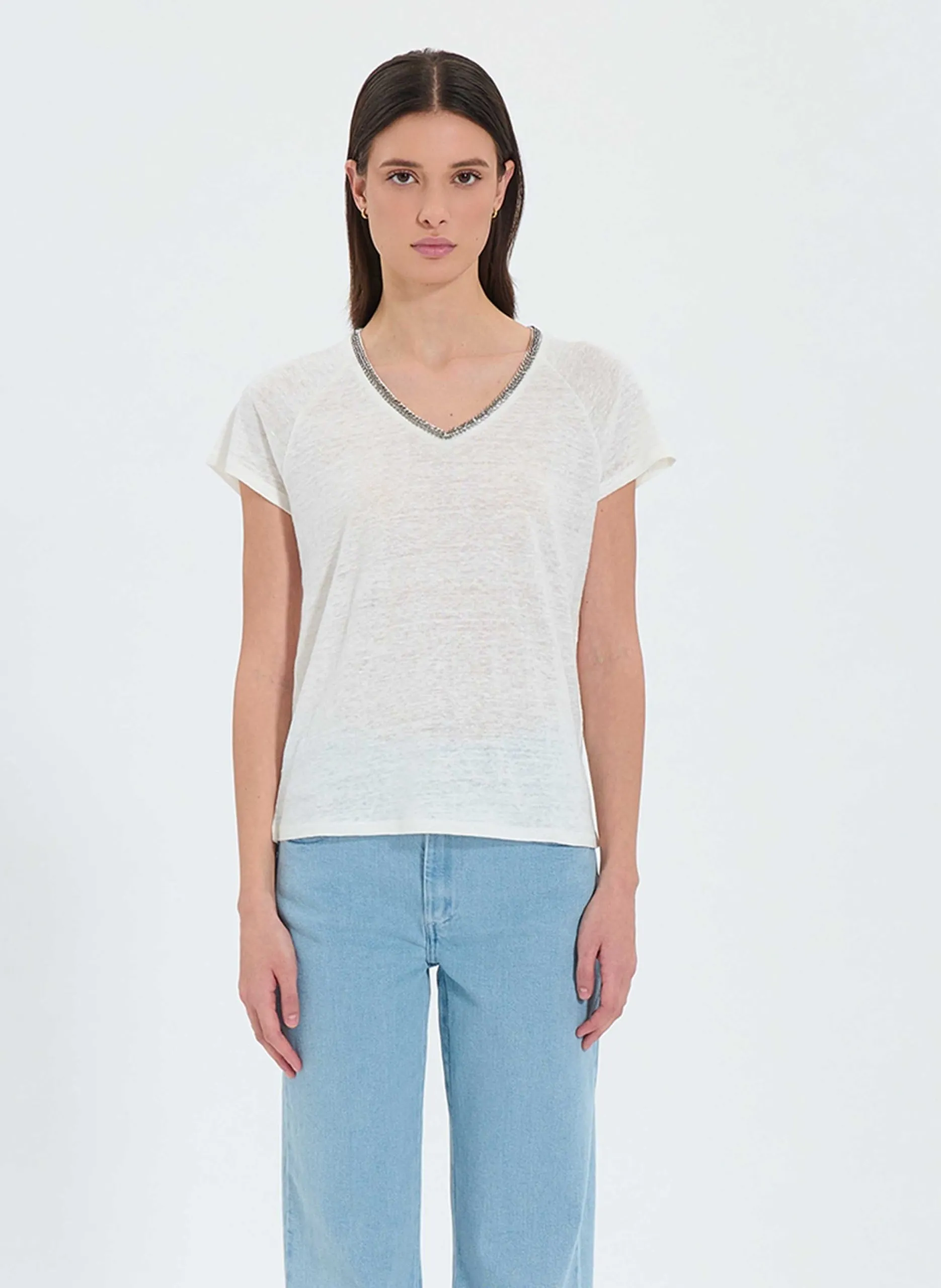 Tee-shirt col V en lin Blanc TRESSIE