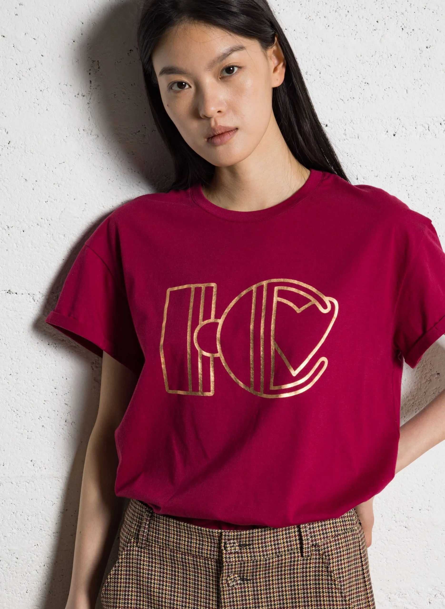 tee-shirt droit col rond sérigraphié en coton Rose