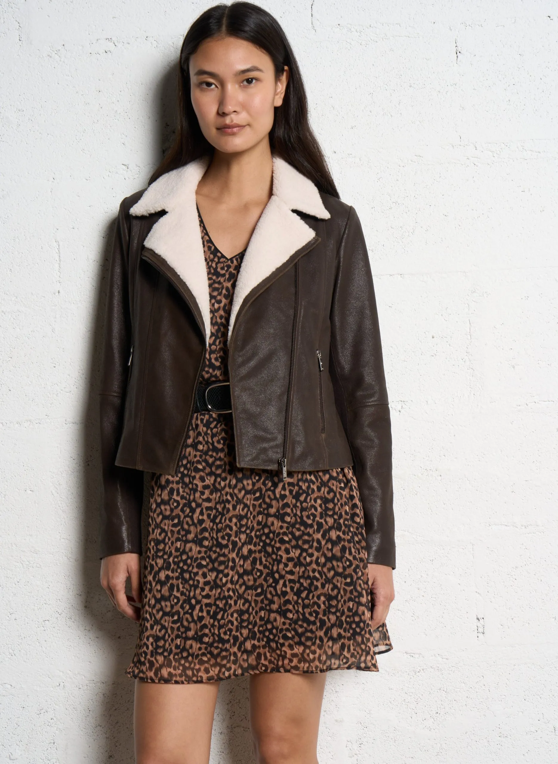 Blouson col tailleur en cuir Marron DENZEL