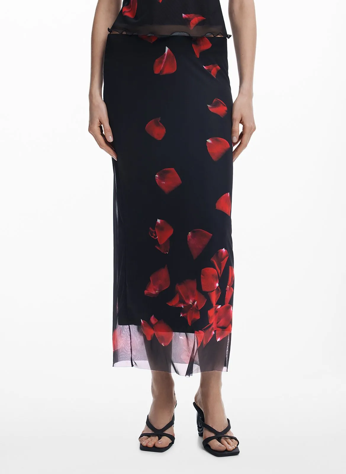 Jupe midi droite en mesh Noir