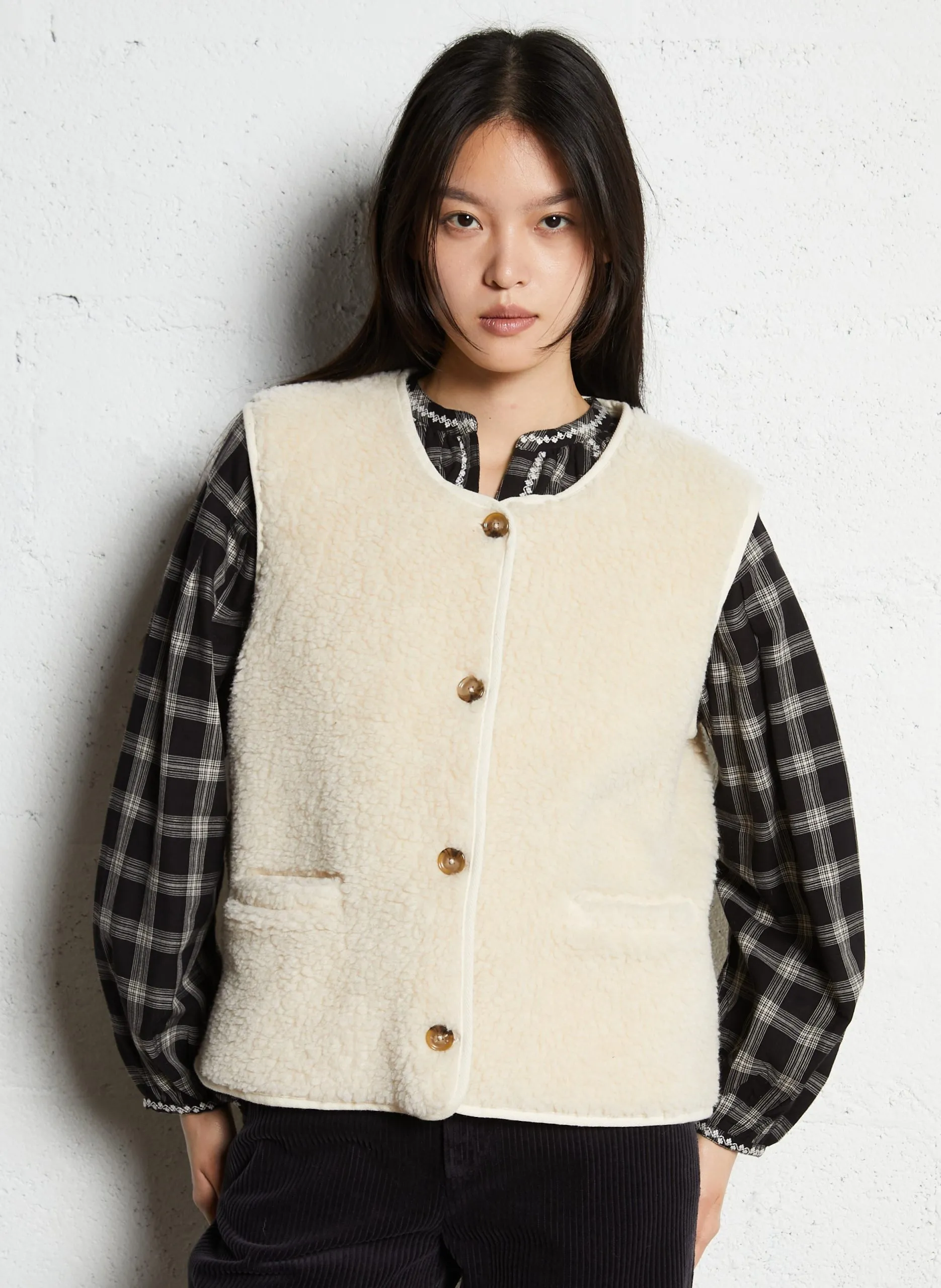 Gilet col rond en sherpa Beige CACAO