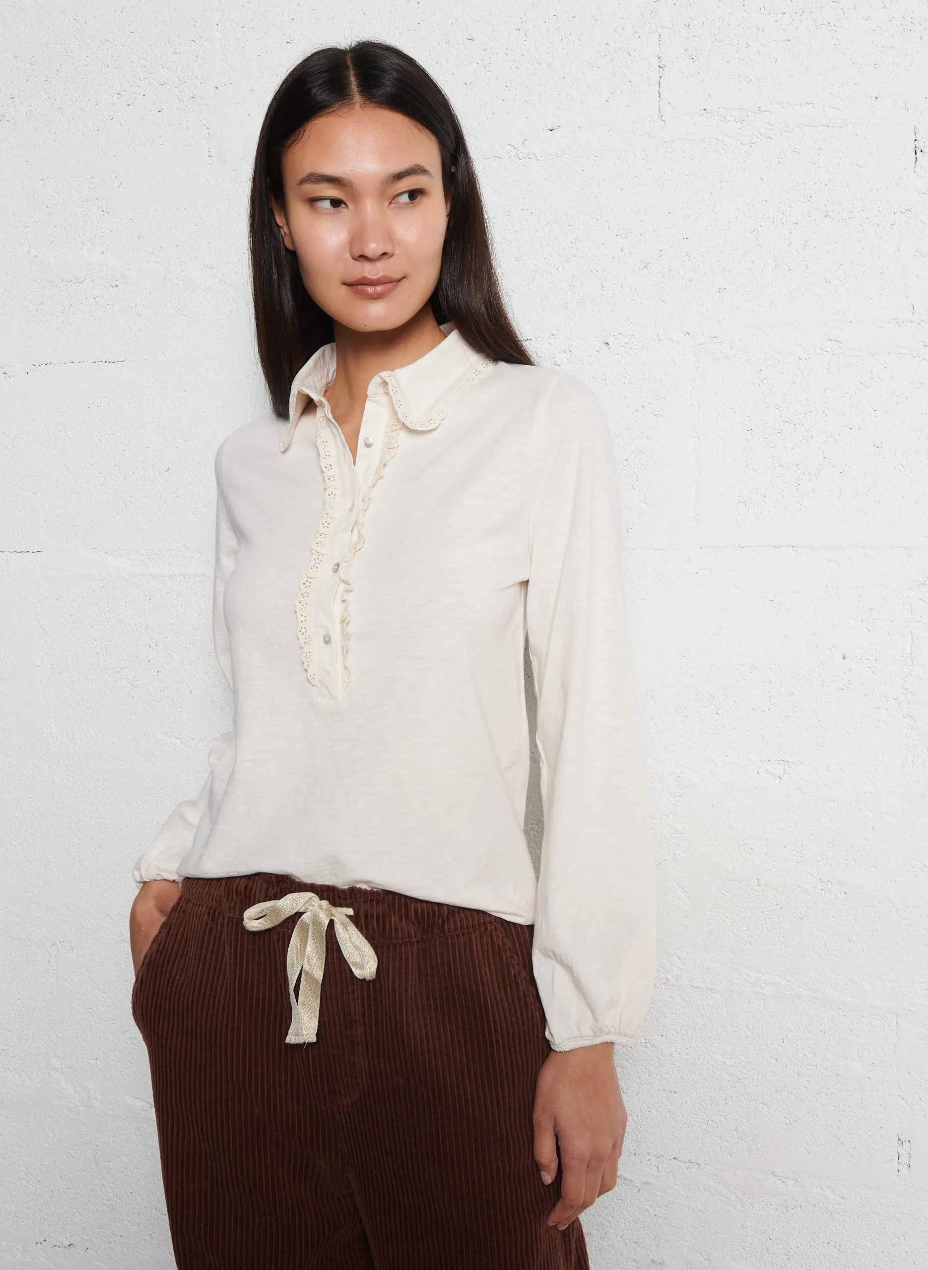 Top col polo en coton bio Beige CARLOTTA