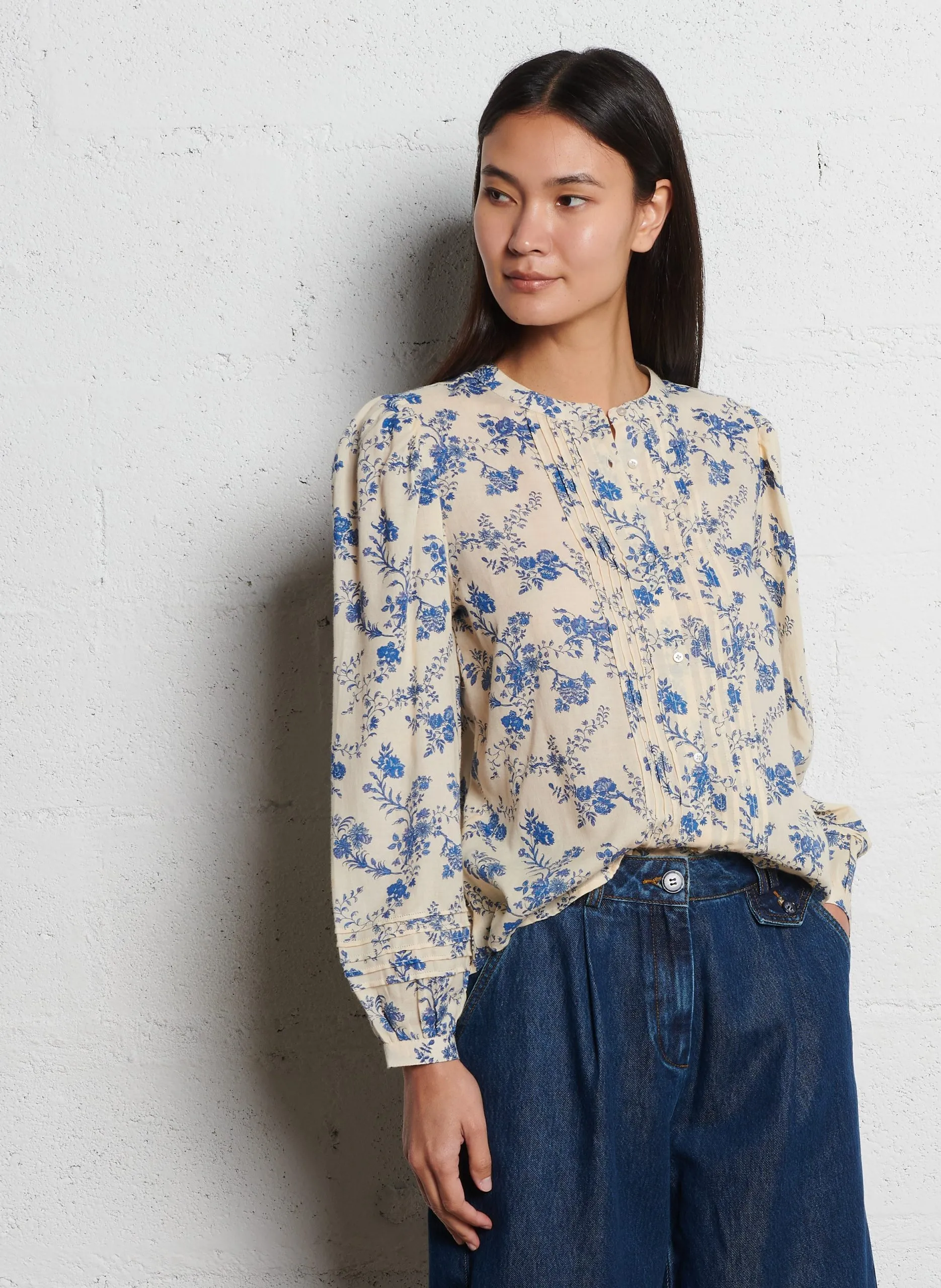 Chemise col rond en coton Bleu CECILIA2