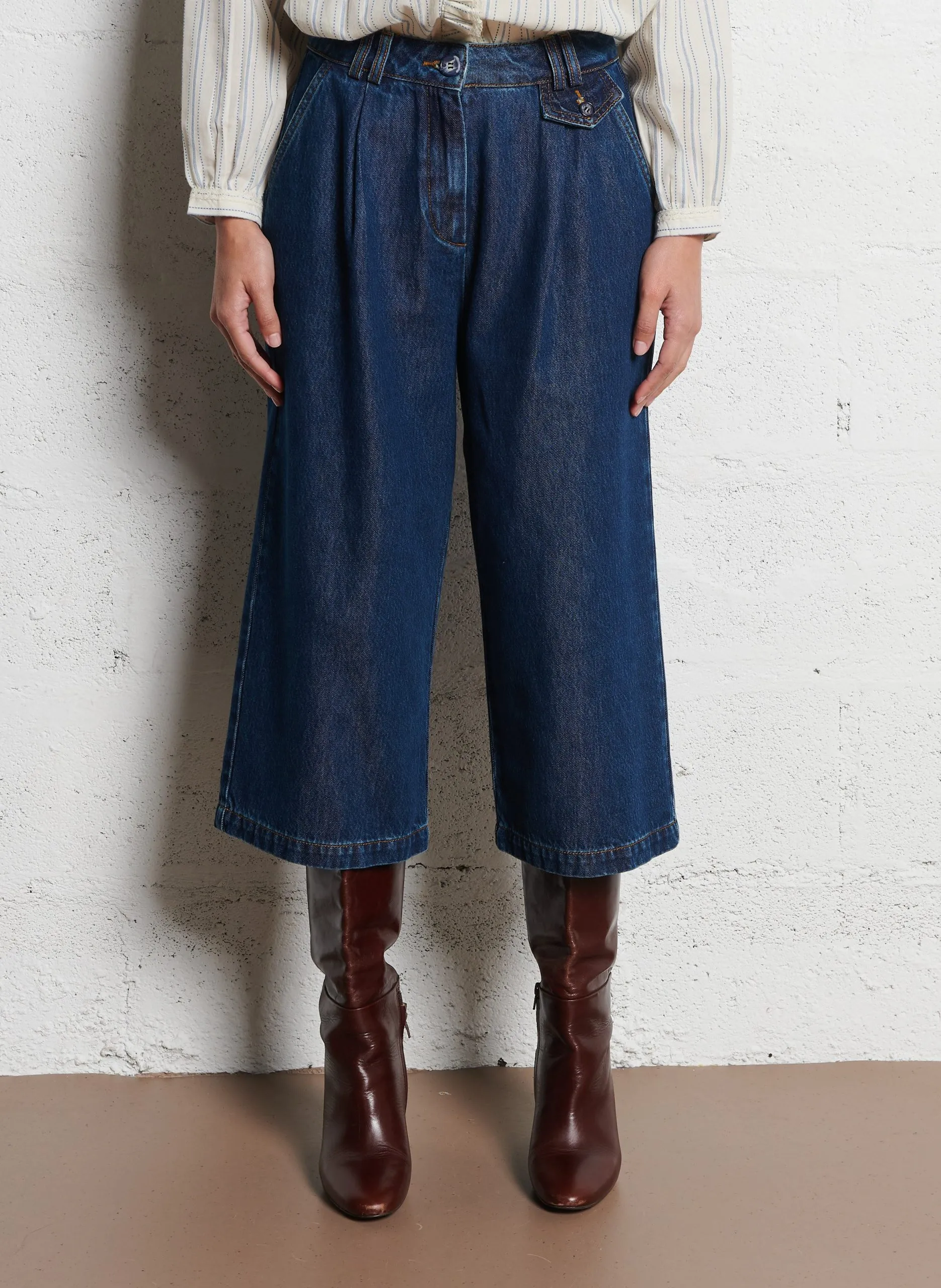 Pantacourt en denim de coton mélangé Bleu COLORADO