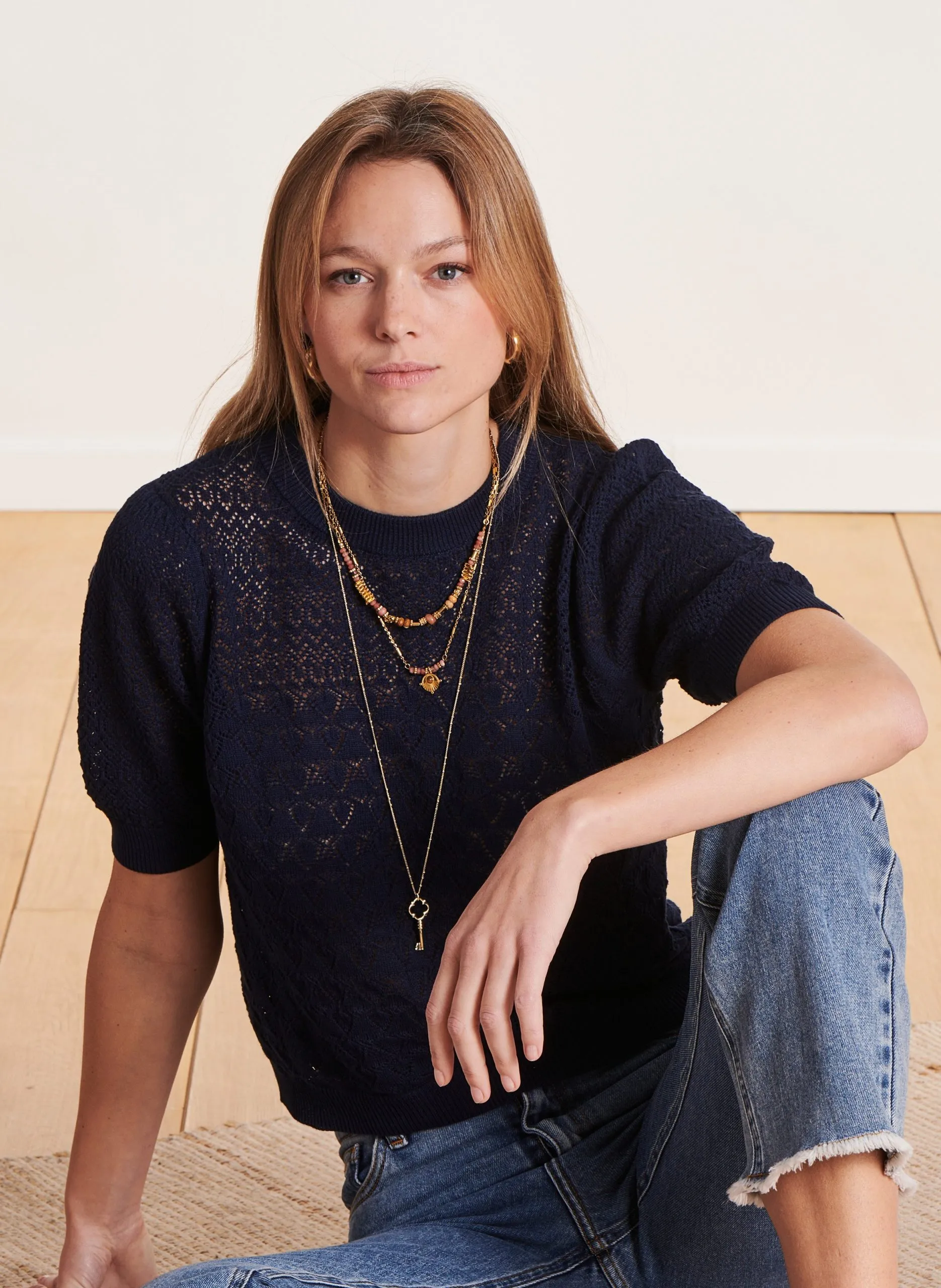 Pull manches courtes en maille pointelle Bleu