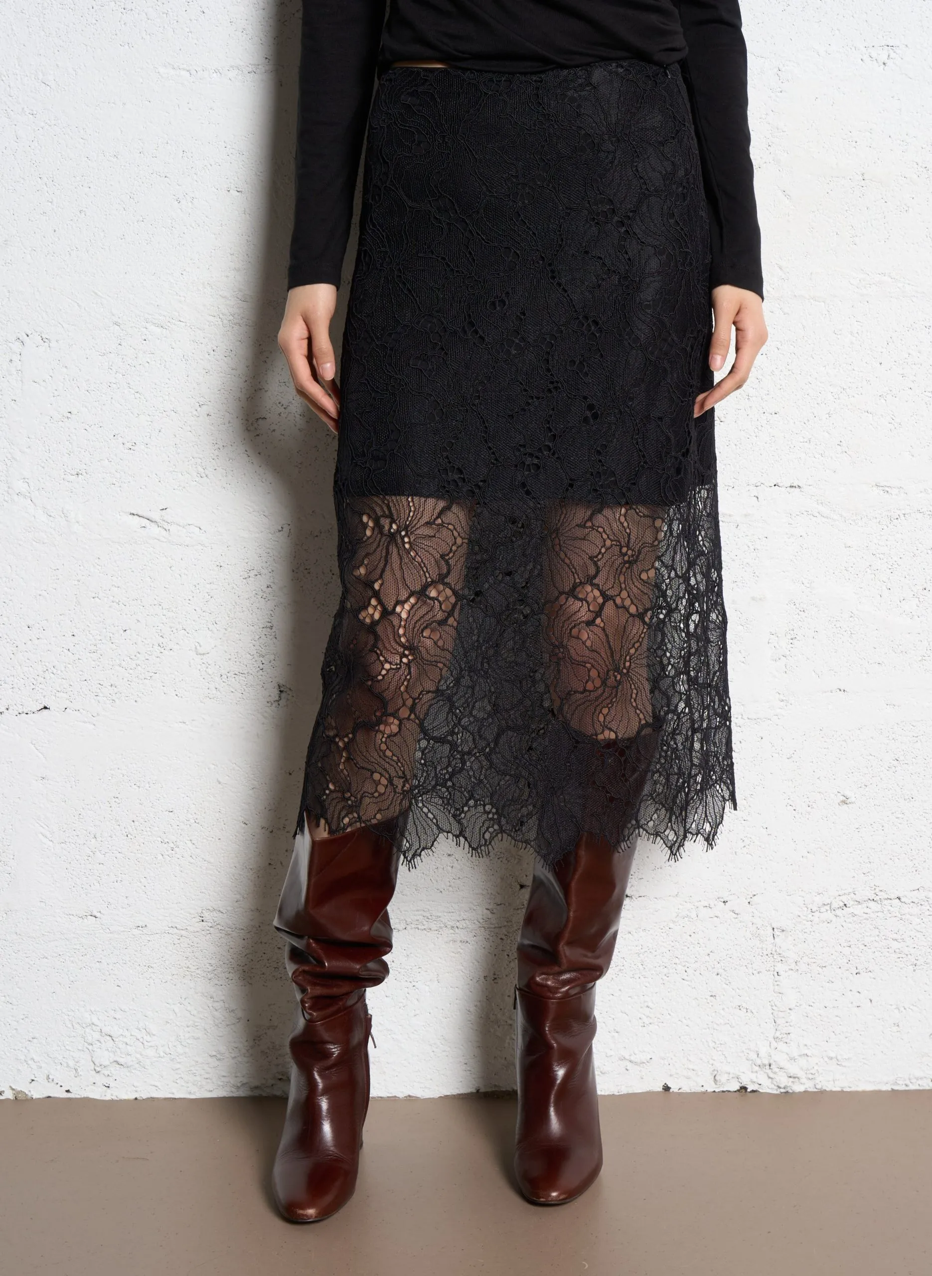 Jupe midi en dentelle Noir FAYE