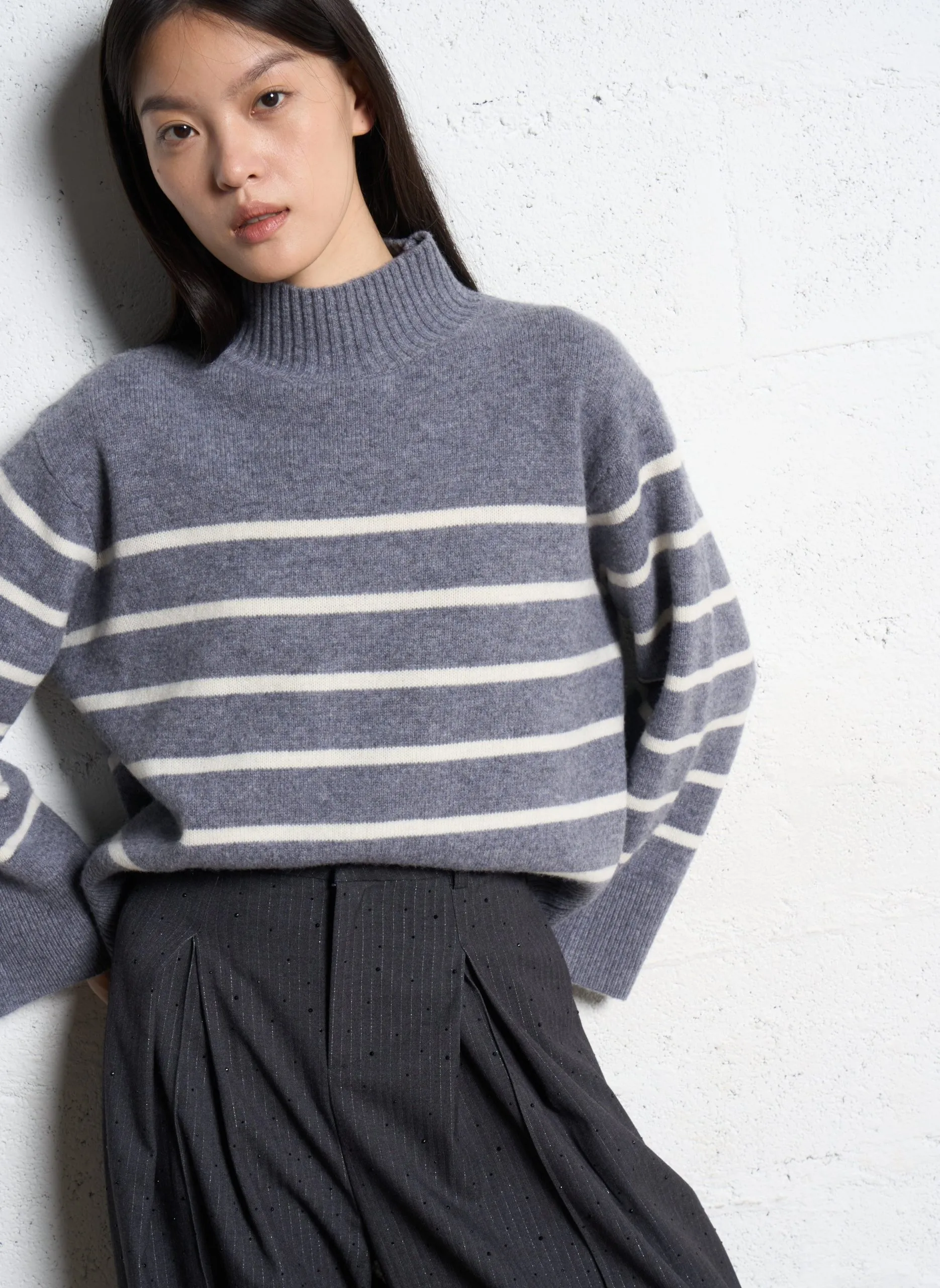 Pull ample col montant rayé en laine Gris PALISKO