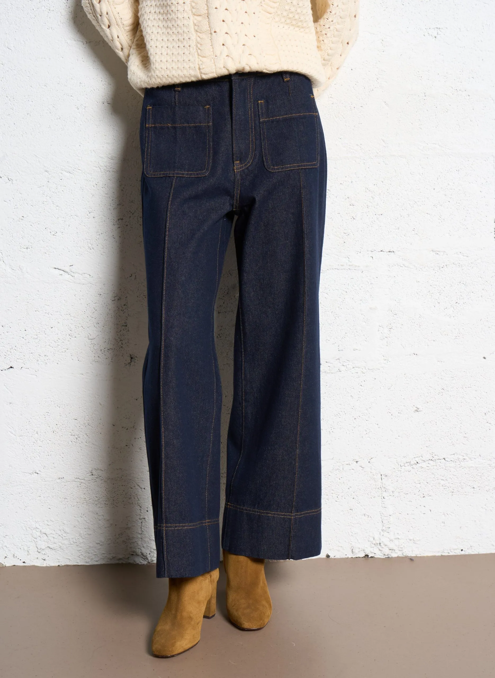 Jean taille haute large en denim brut Bleu RICK