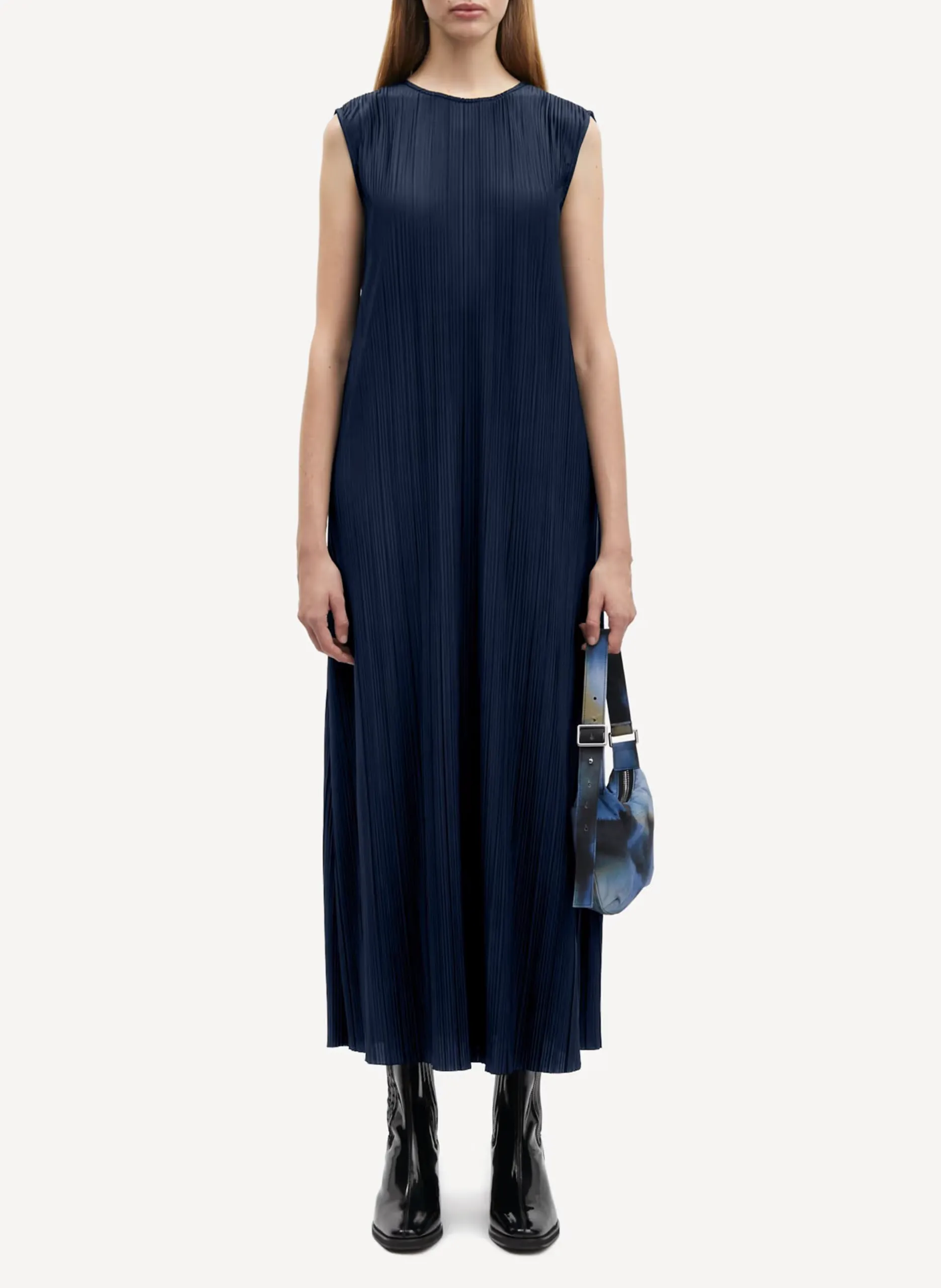 Robe mi-longue plissé sans manches Bleu SAUMA O-N