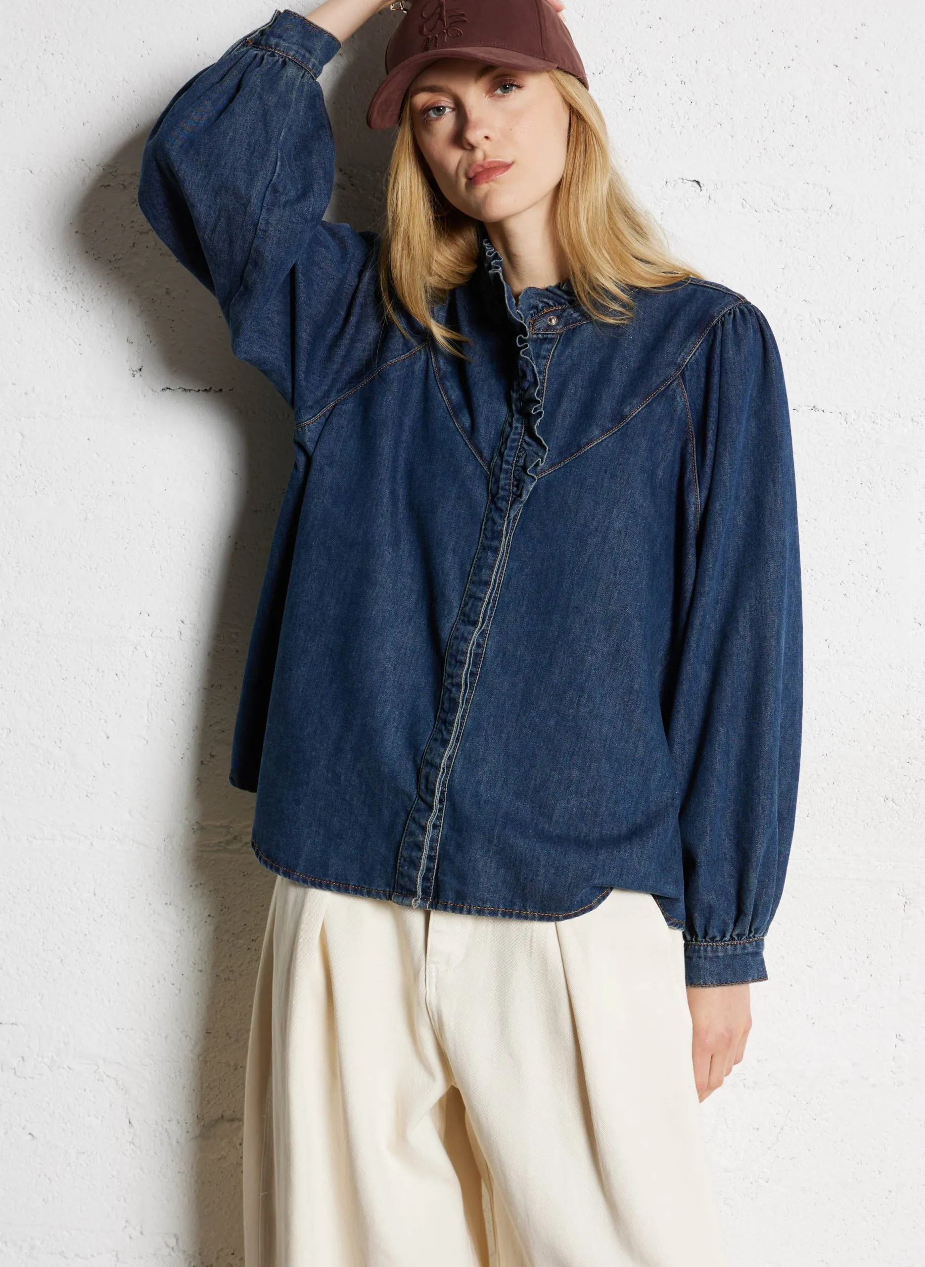 Blouse boutonnée en denim brut Bleu LIVELY