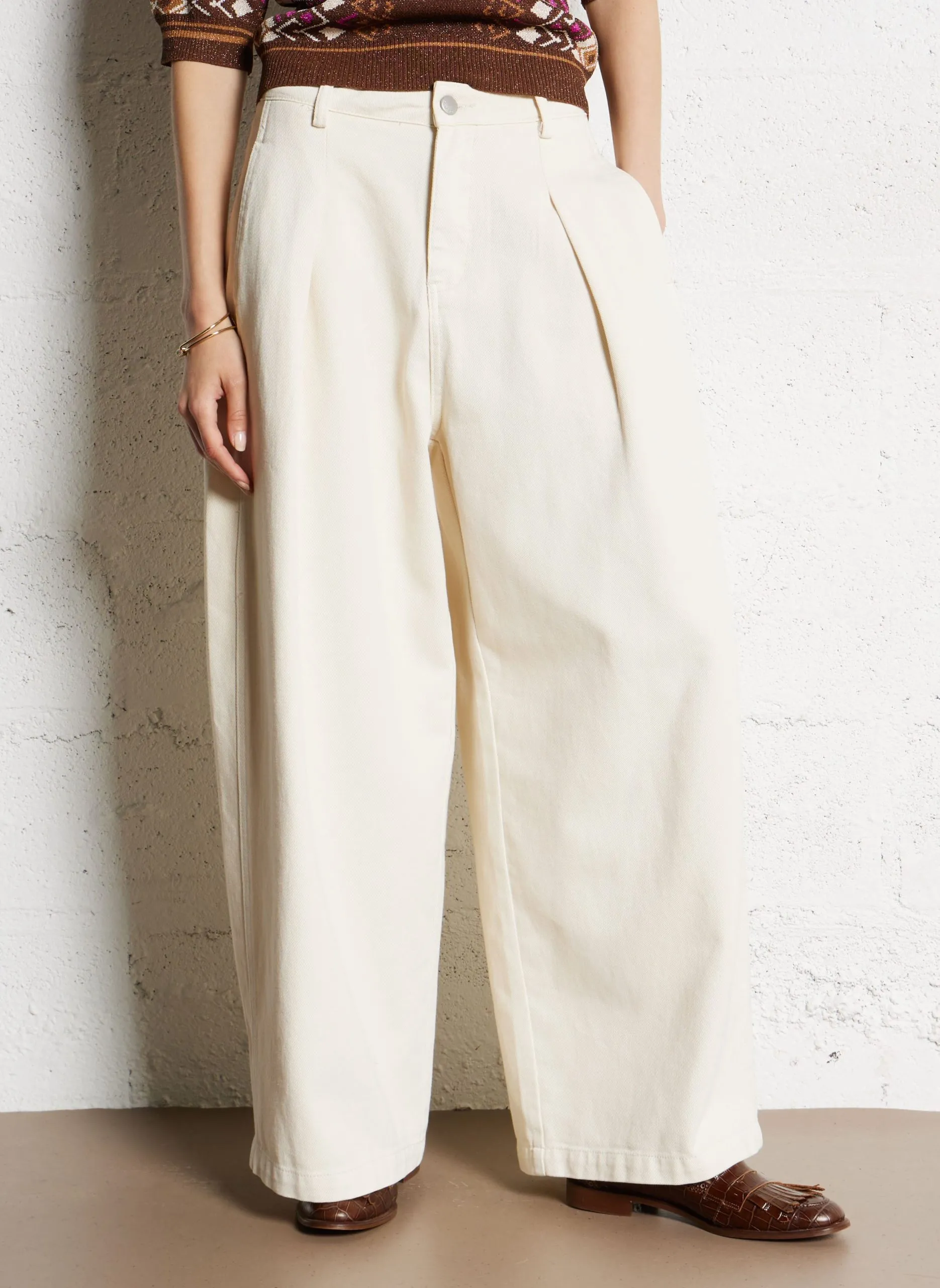 Jean large en coton mélangé Beige RIM