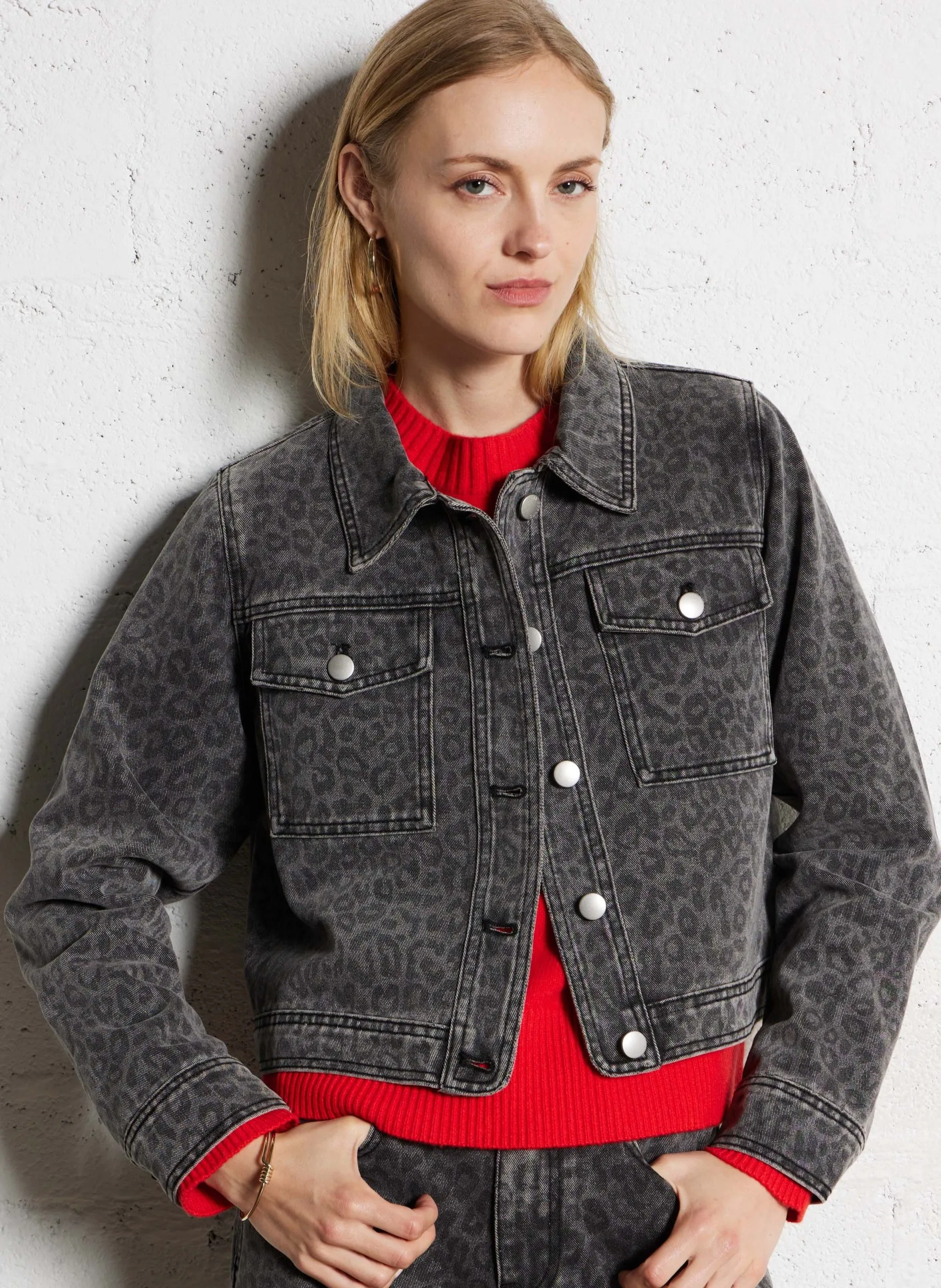 Veste col classique en denim de coton mélangé imprimé Noir DJACK