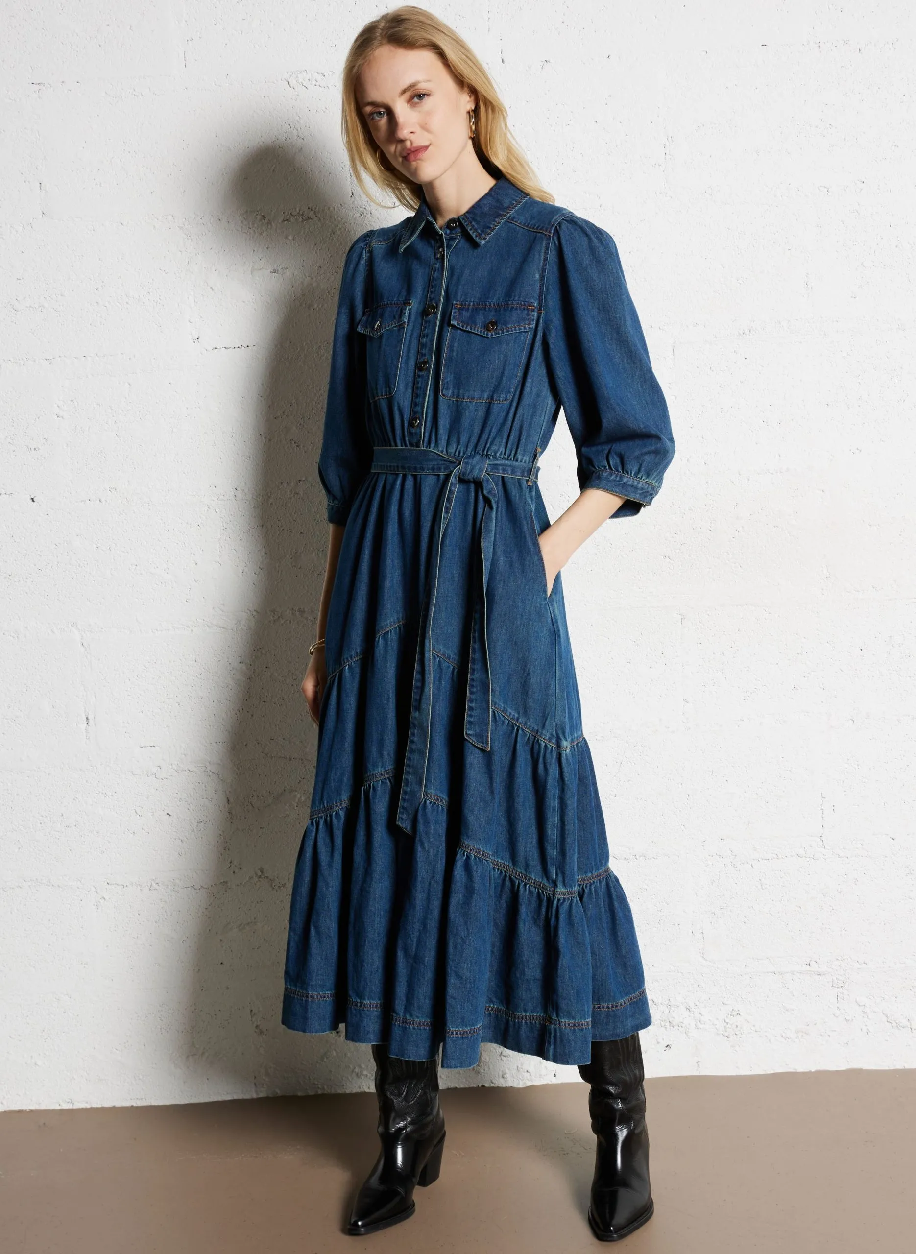 Robe midi cintrée en coton mélangé Bleu CLARCK