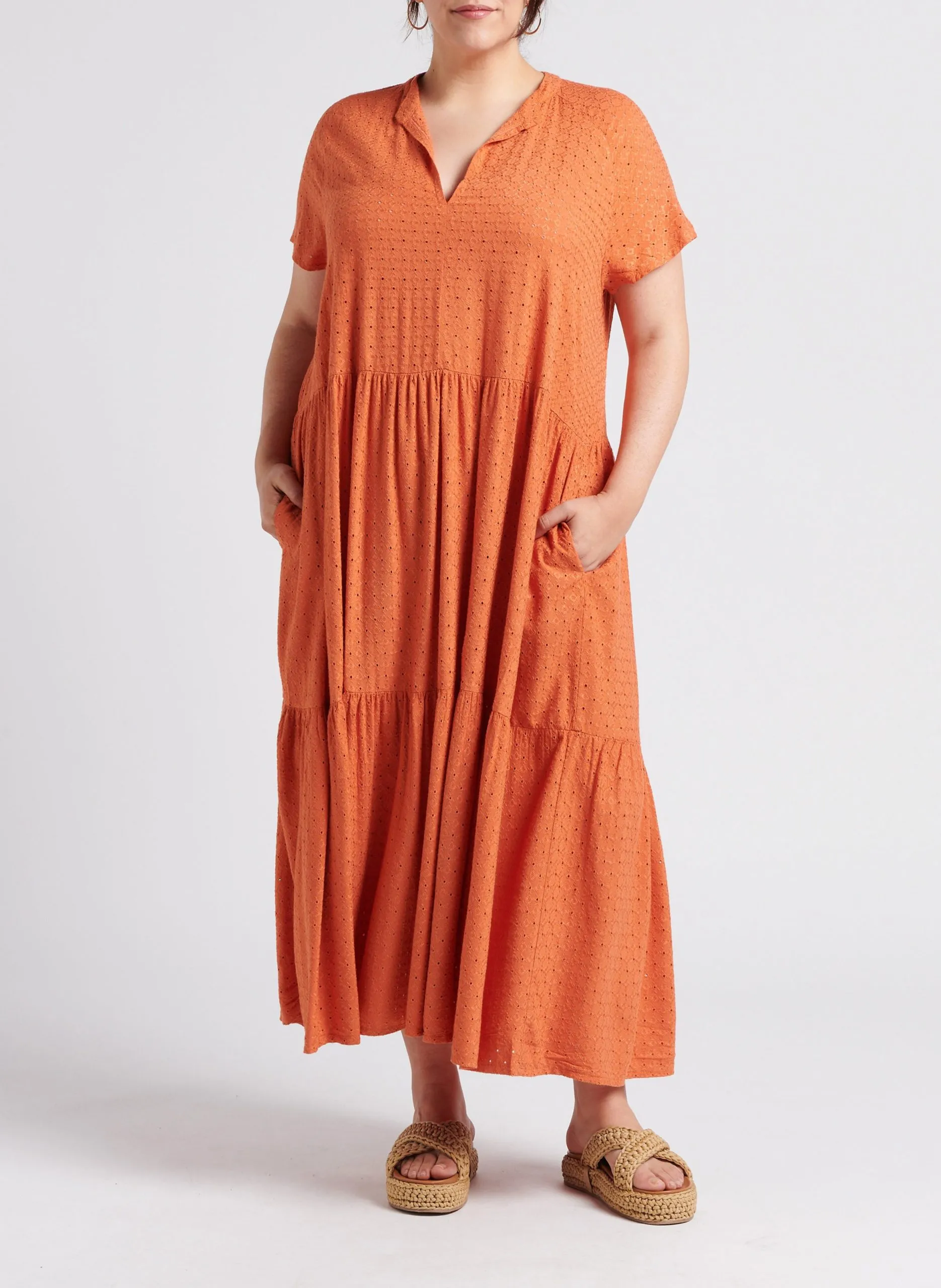 Robe longue à broderie en viscose Orange